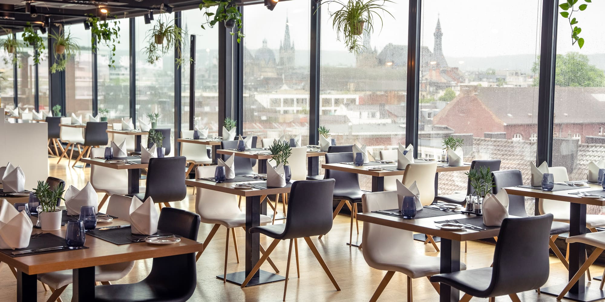 a room with tables and chairs