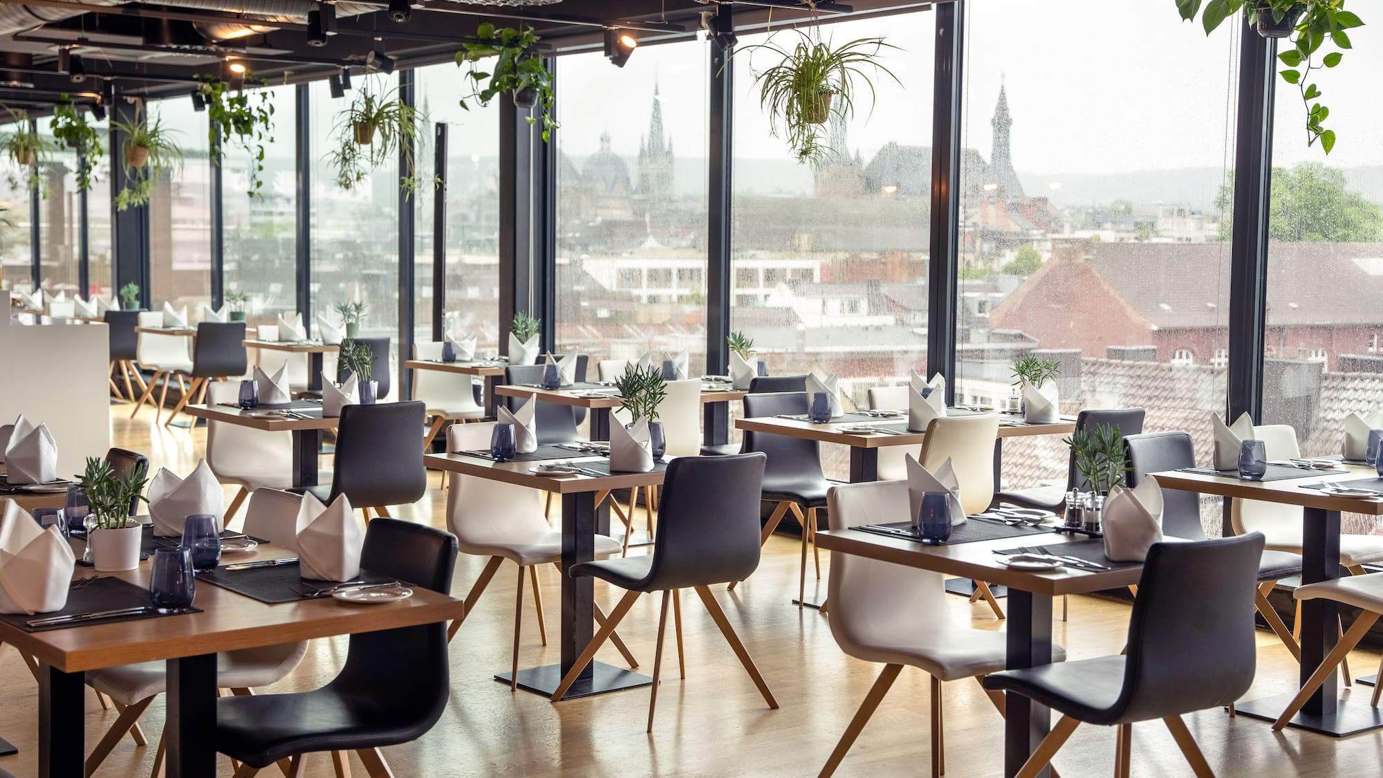 a room with tables and chairs