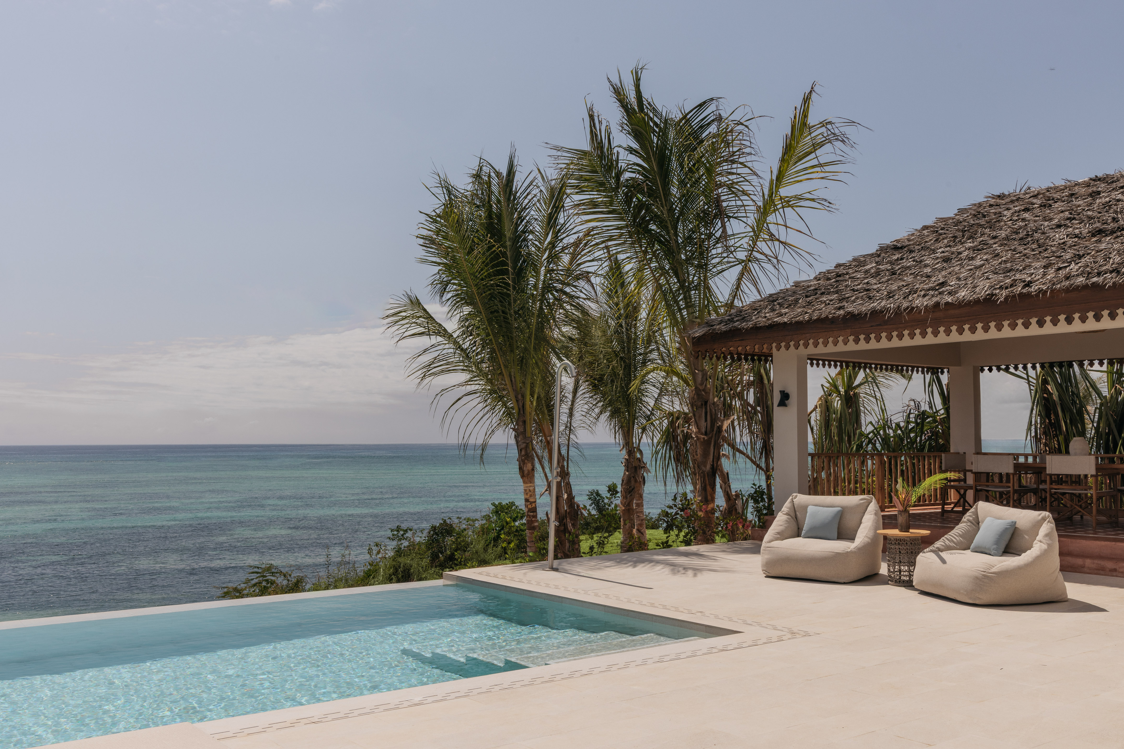 Beachfront villa with infinity pool, ocean view, palm trees & outdoor lounge.