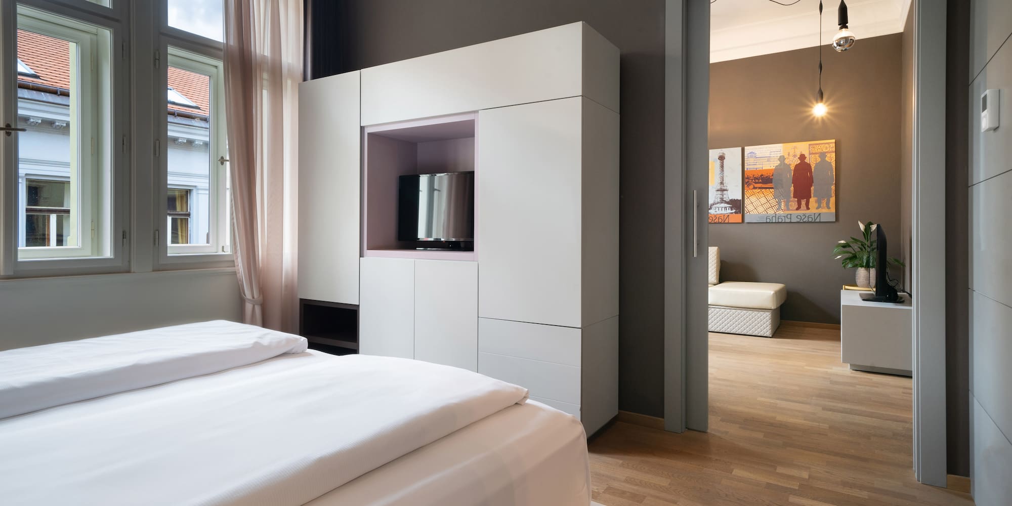 a bedroom with a bed and a closet