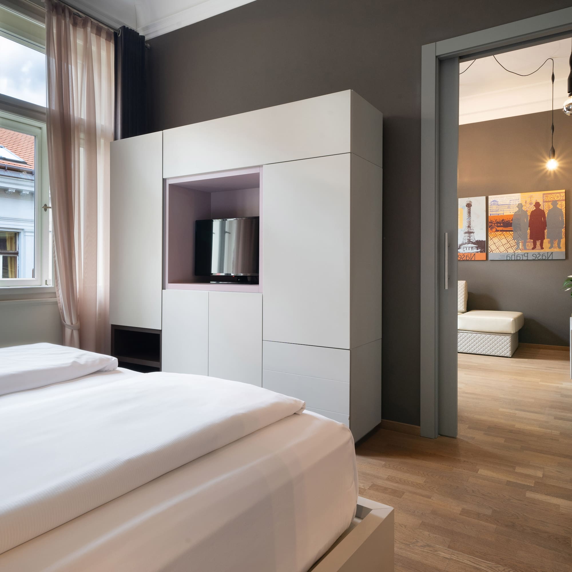 a bedroom with a bed and a closet