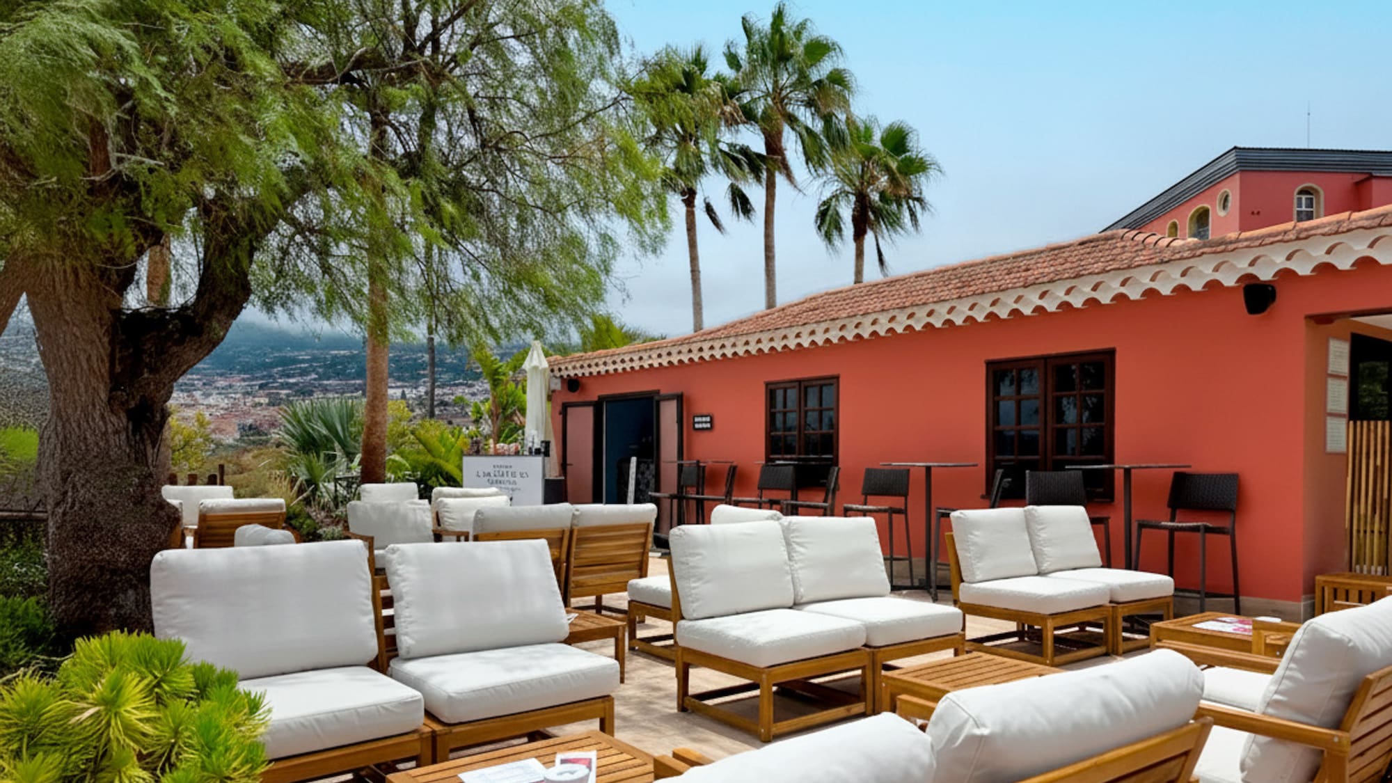 a group of chairs and tables outside a building