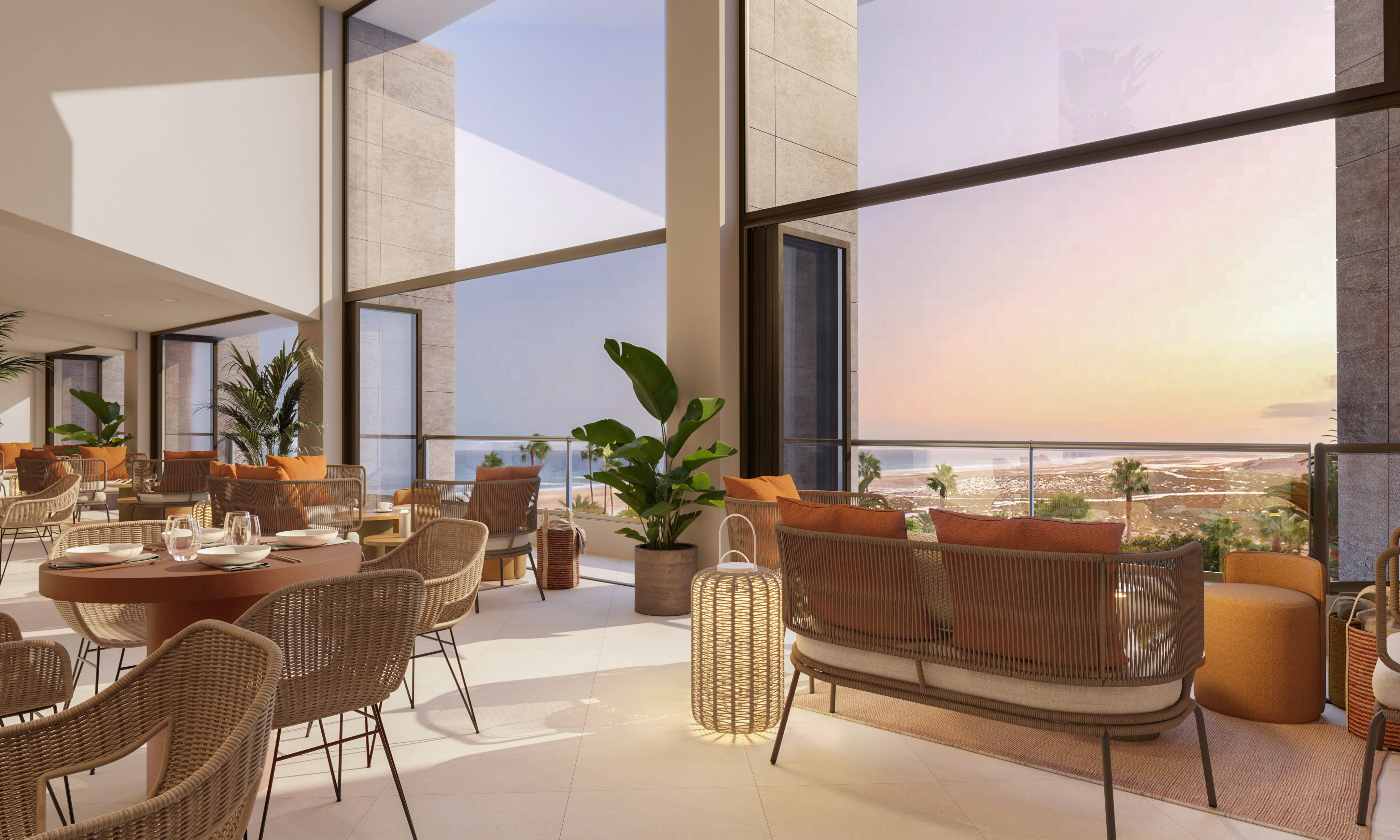 a room with chairs and tables and plants