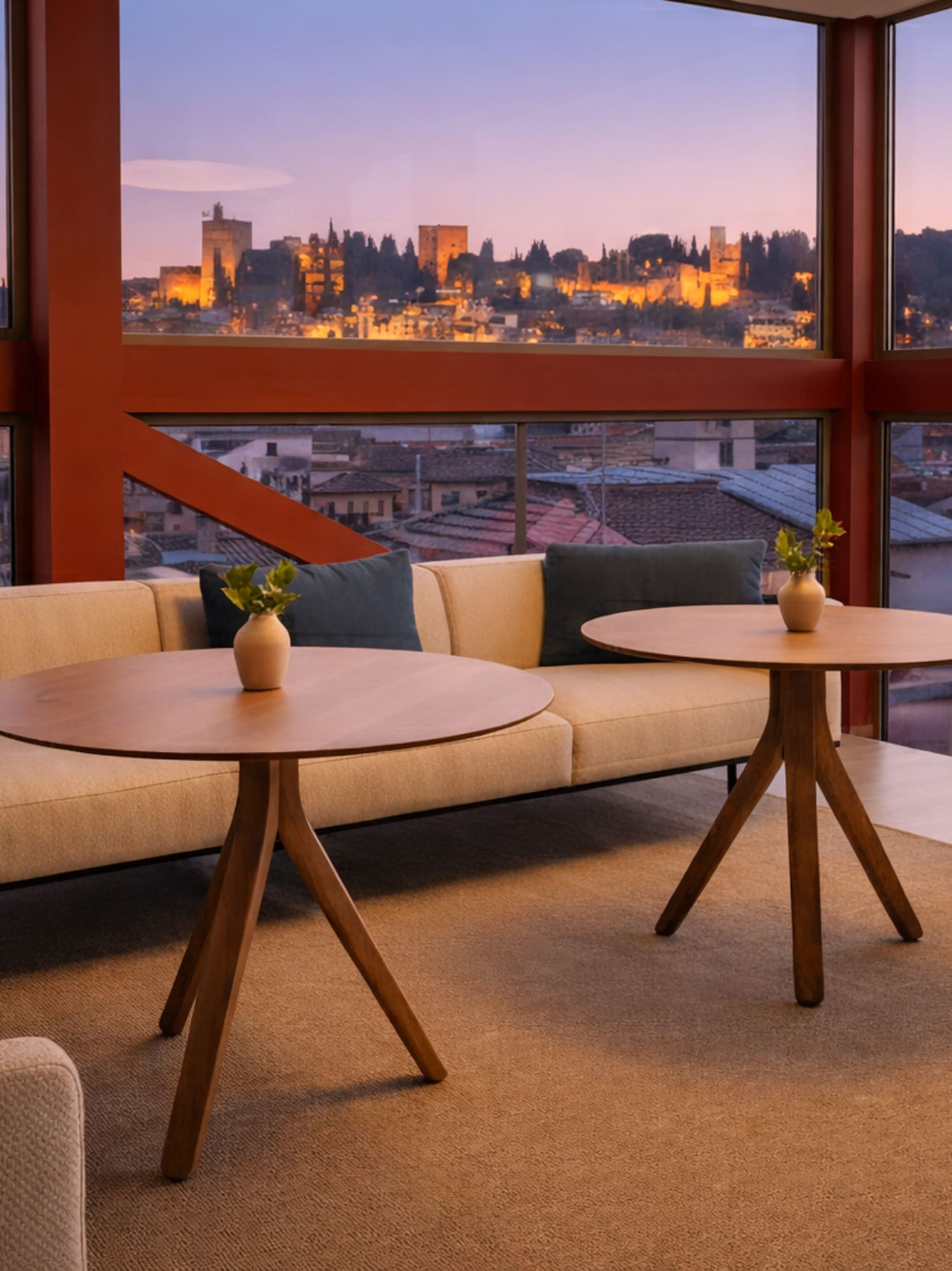 a room with a couch and tables