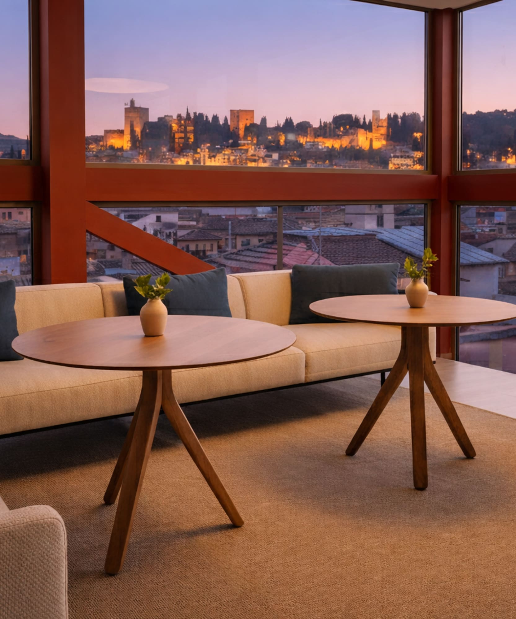 a room with a couch and tables