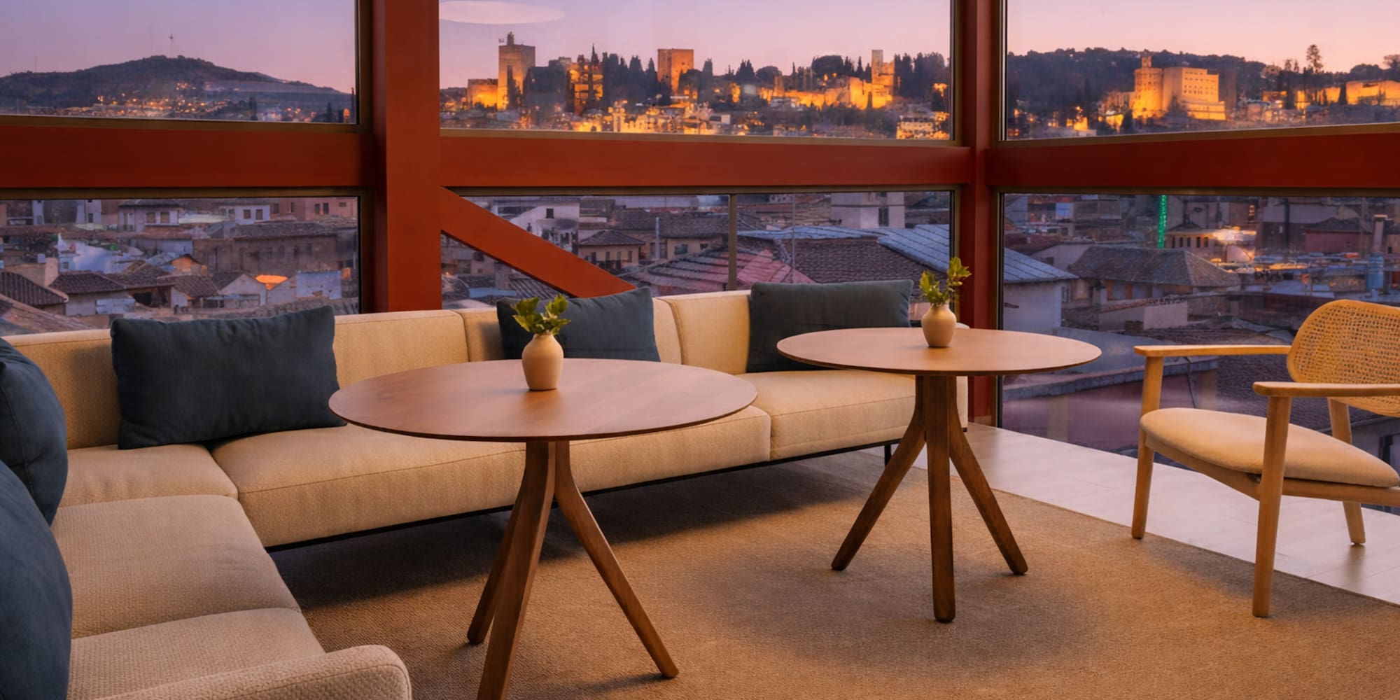 a room with a couch and tables