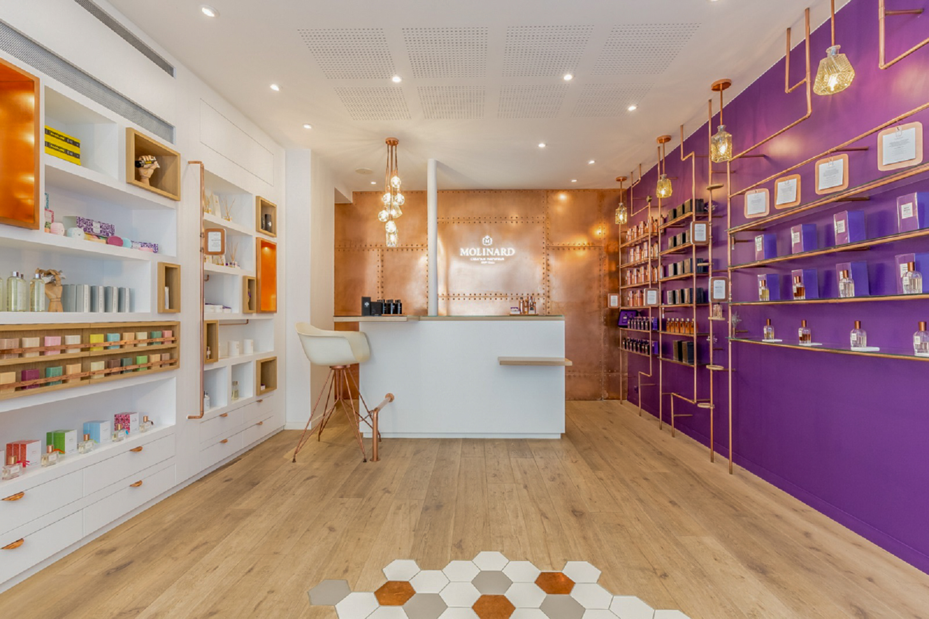 a room with a bar and shelves