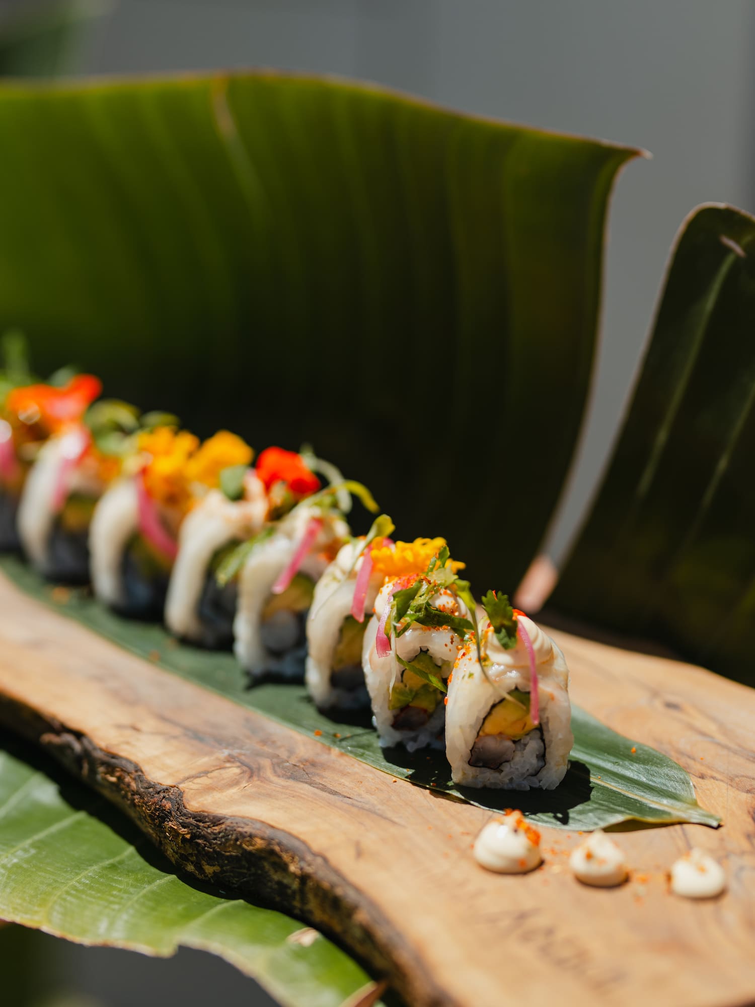 a row of sushi rolls on a leaf