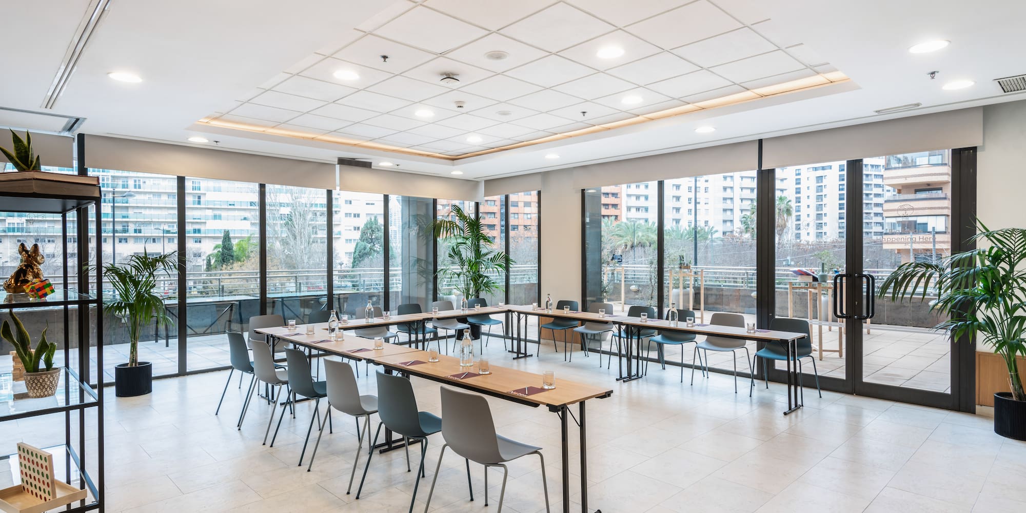 a room with tables and chairs