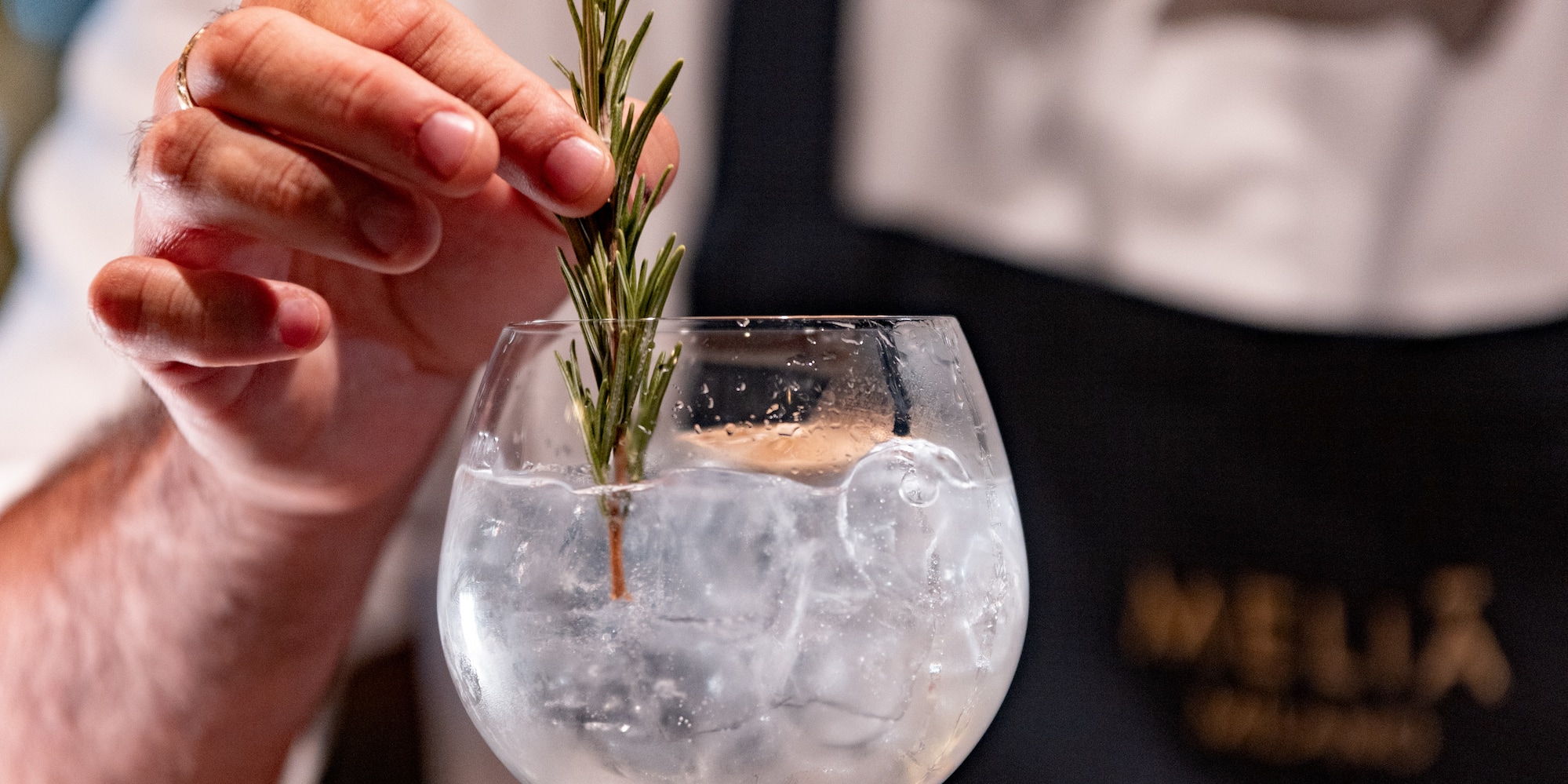 a person holding a sprig of rosemary in a glass of water