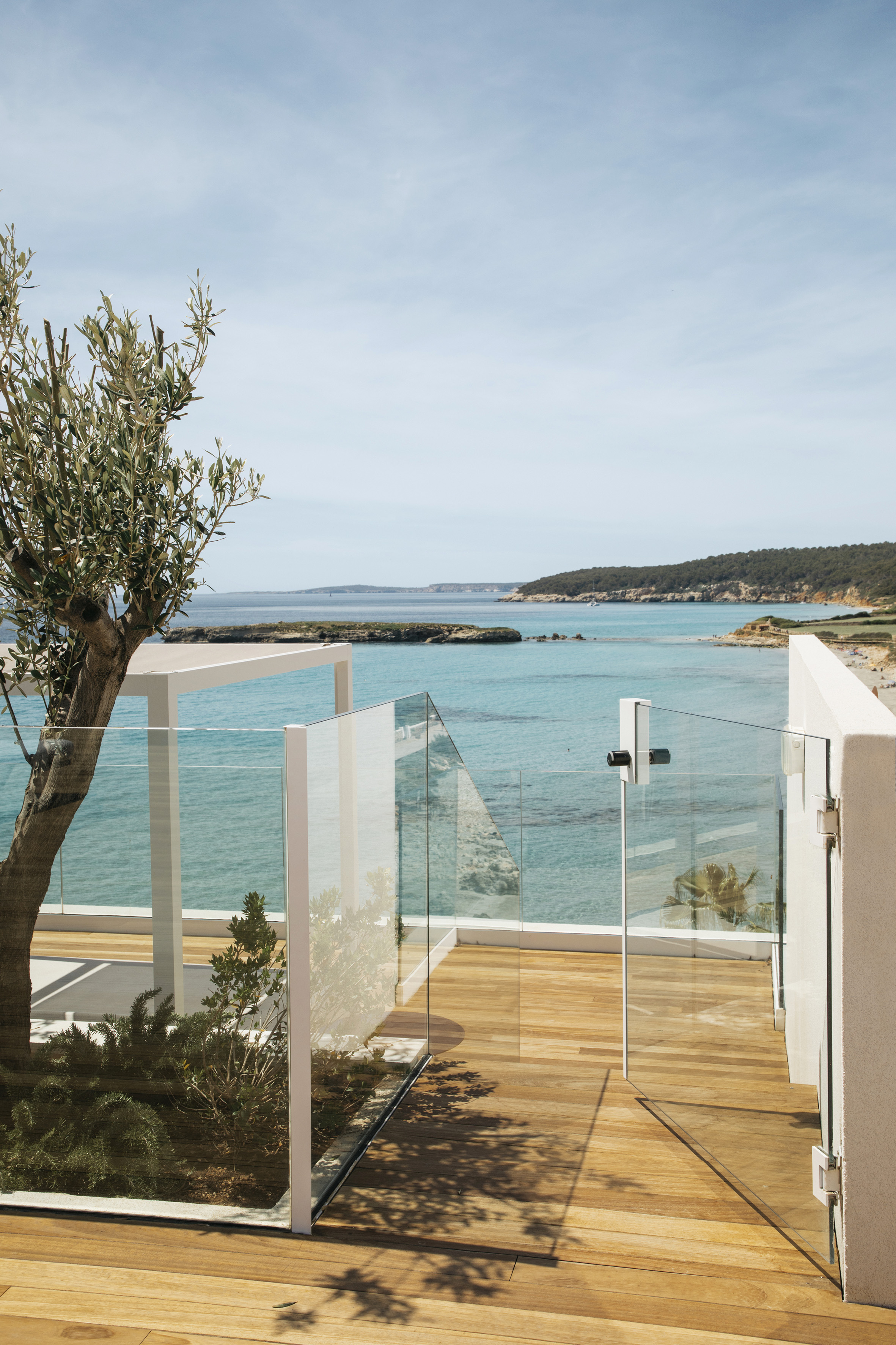 Modern balcony deck, glass railing, olive tree, overlooking turquoise sea.