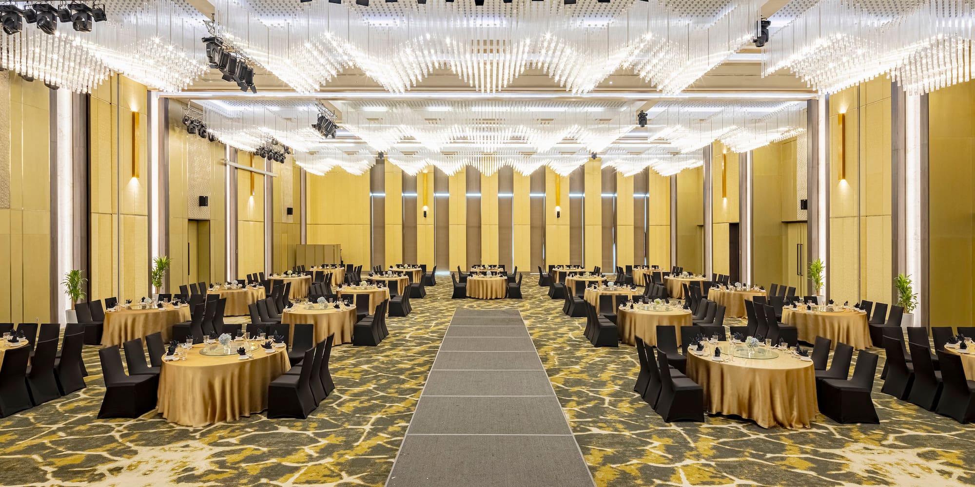 a large room with tables and chairs