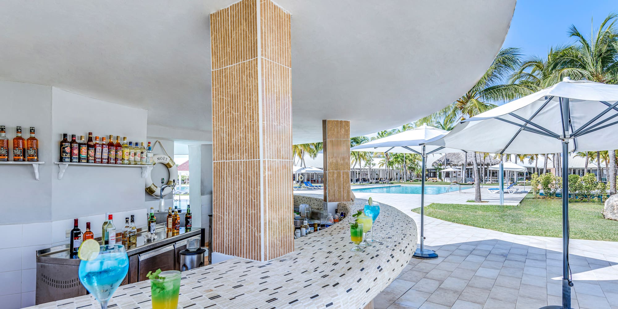 a bar with drinks on it