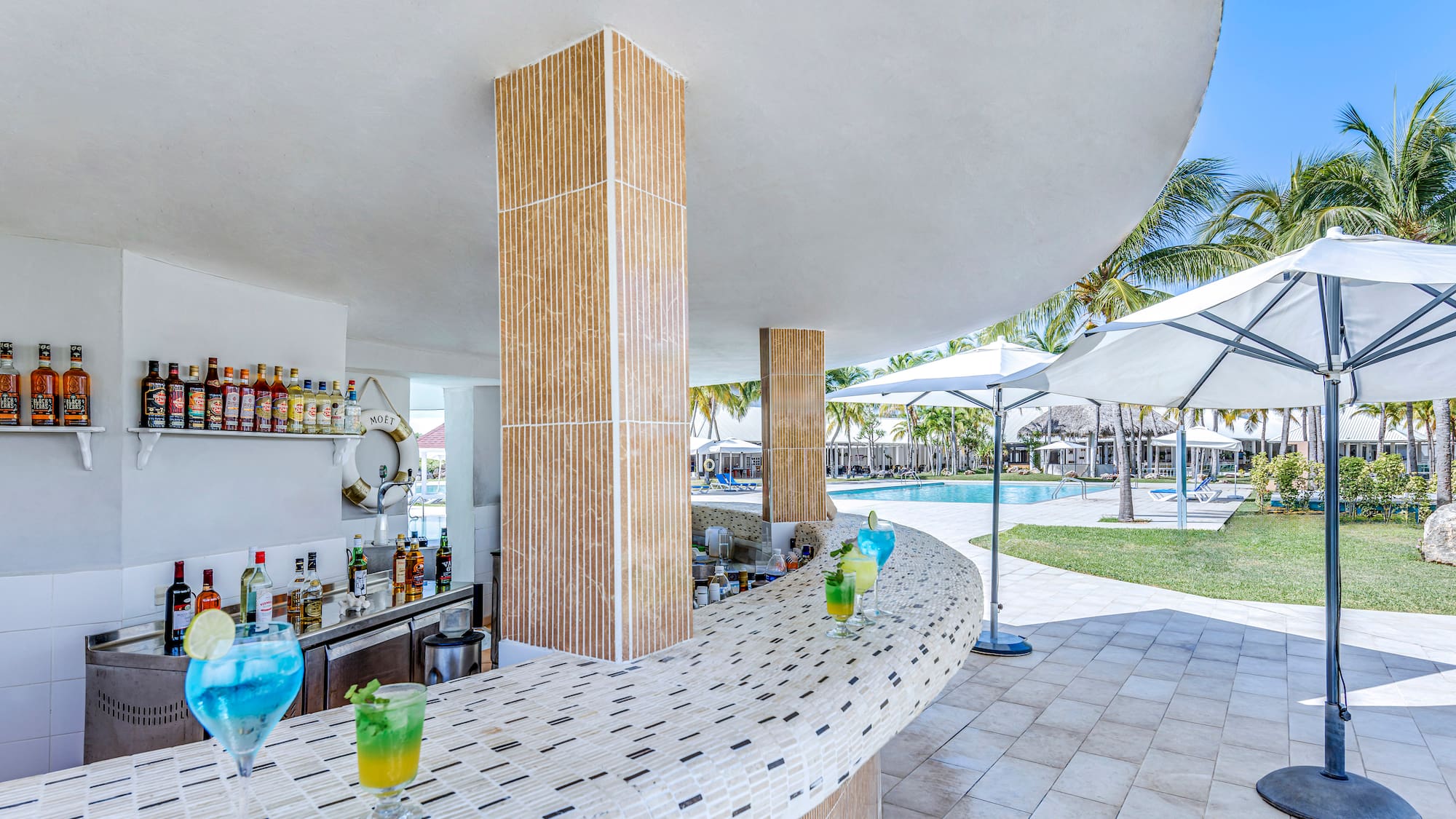 a bar with drinks on it