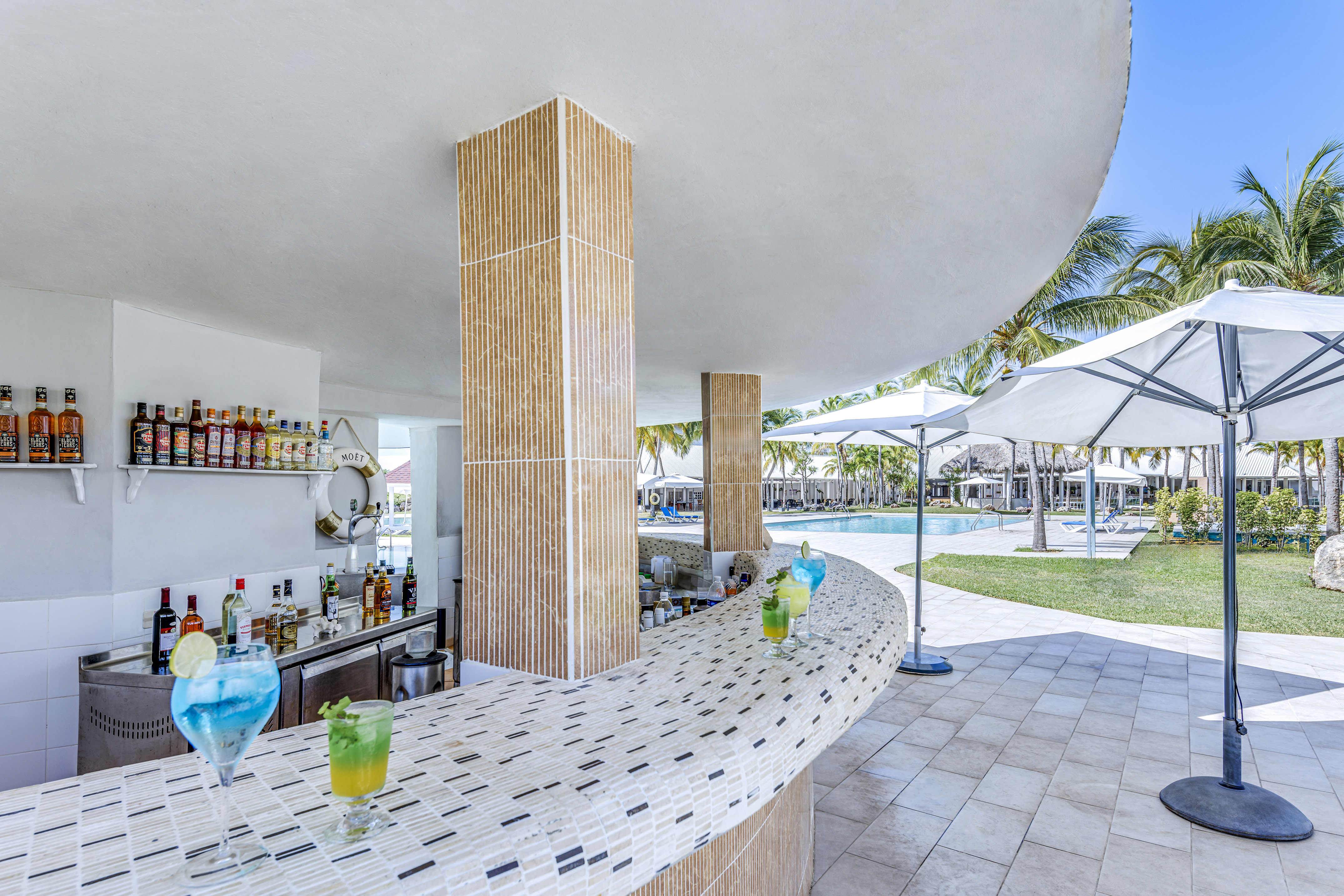 a bar with drinks on it