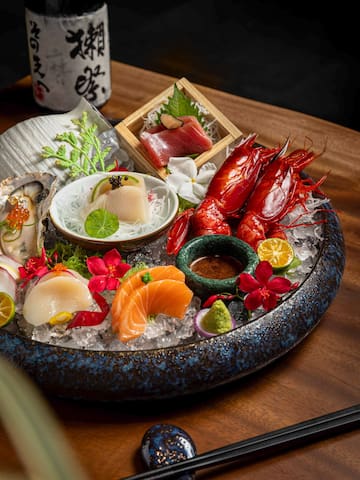 a plate of seafood on a table