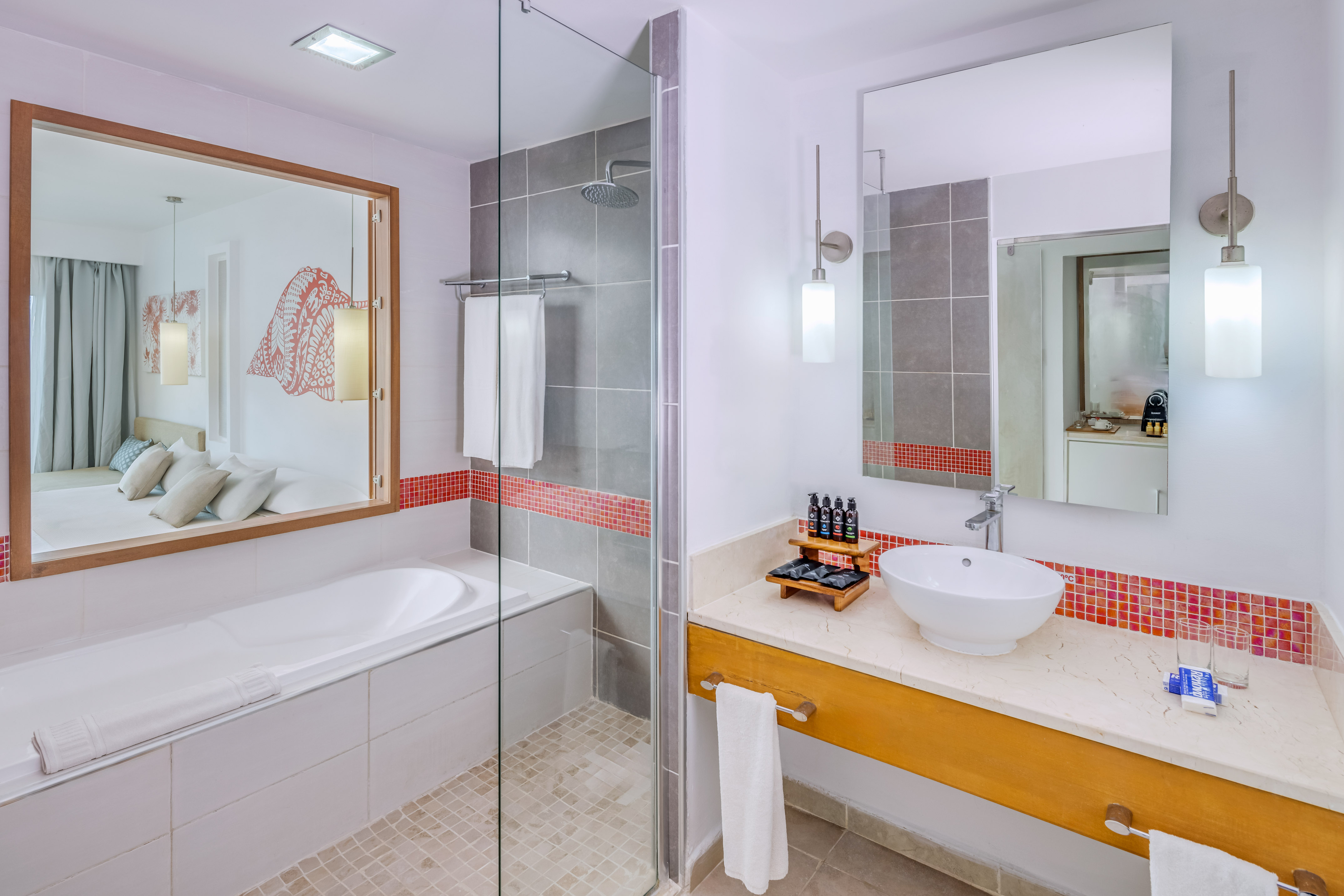 a bathroom with a sink and a shower