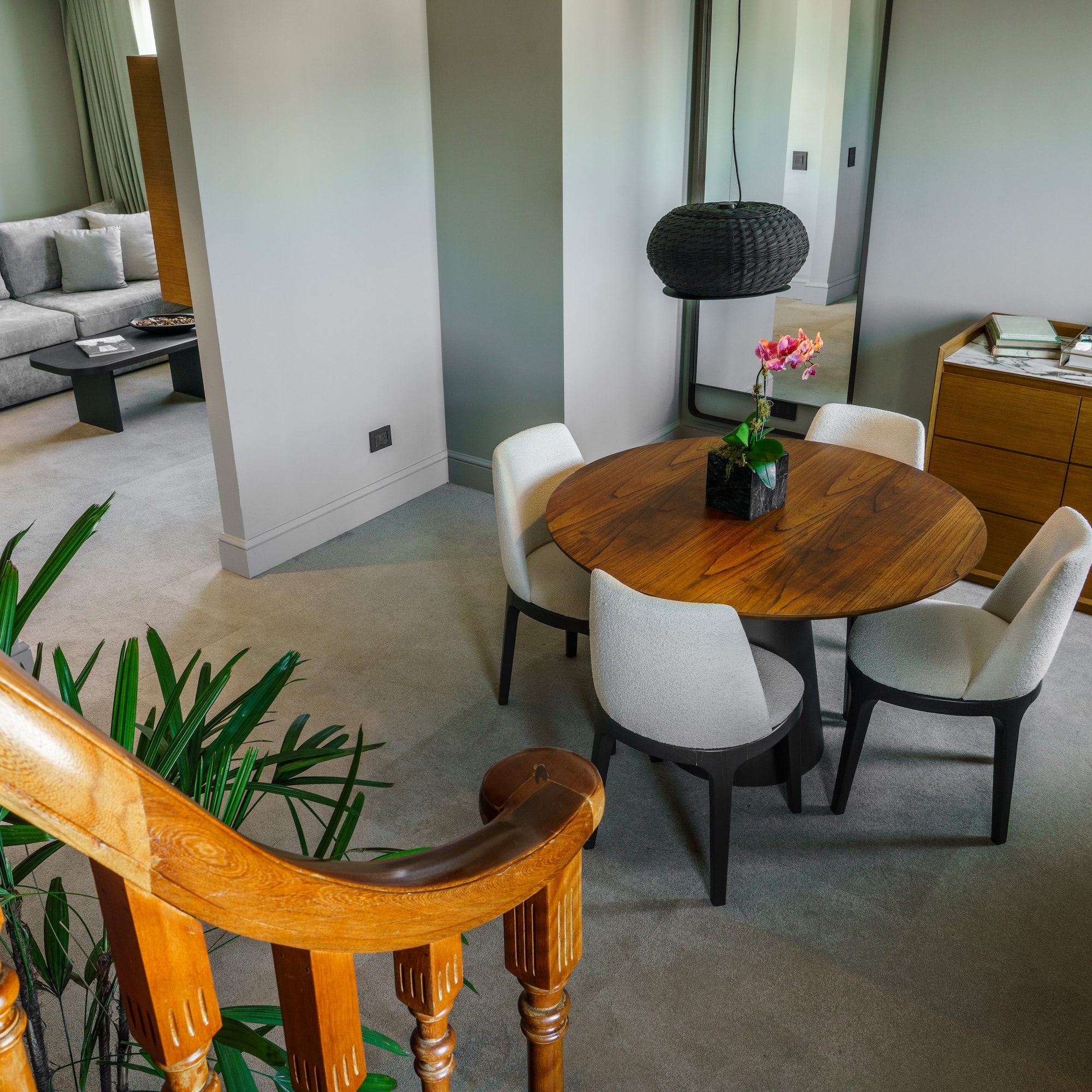 a room with a table and chairs