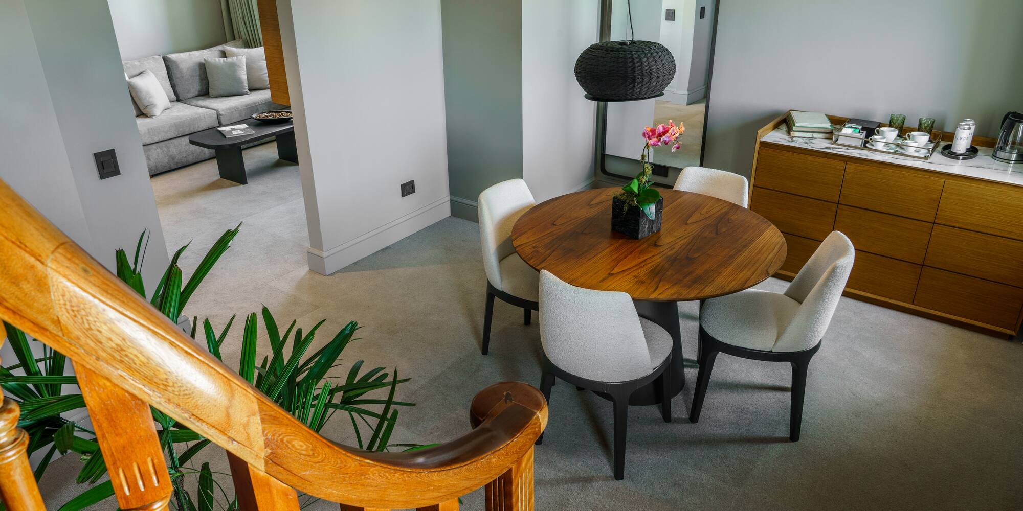 a room with a table and chairs