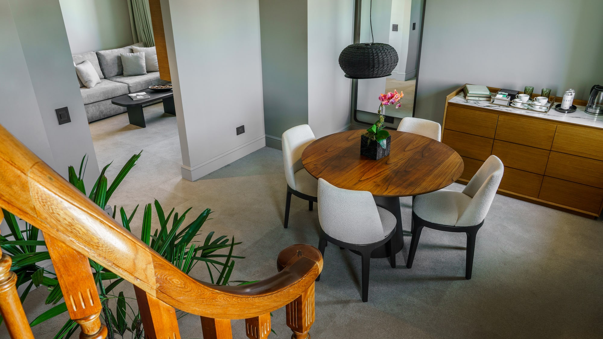 a room with a table and chairs