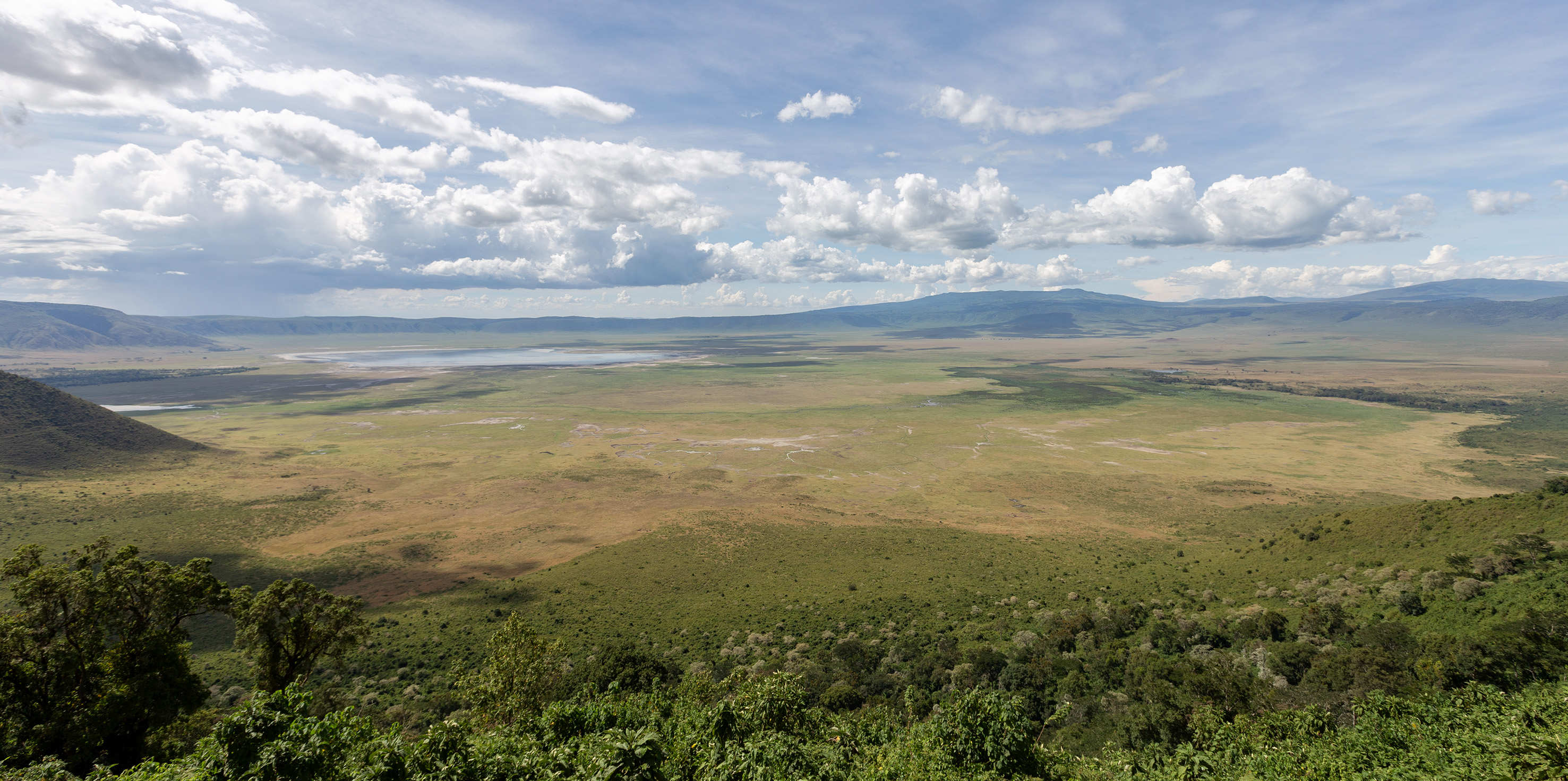 Ngorongoro Crater panoramic view: vast savanna, lake, and cloudy sky.