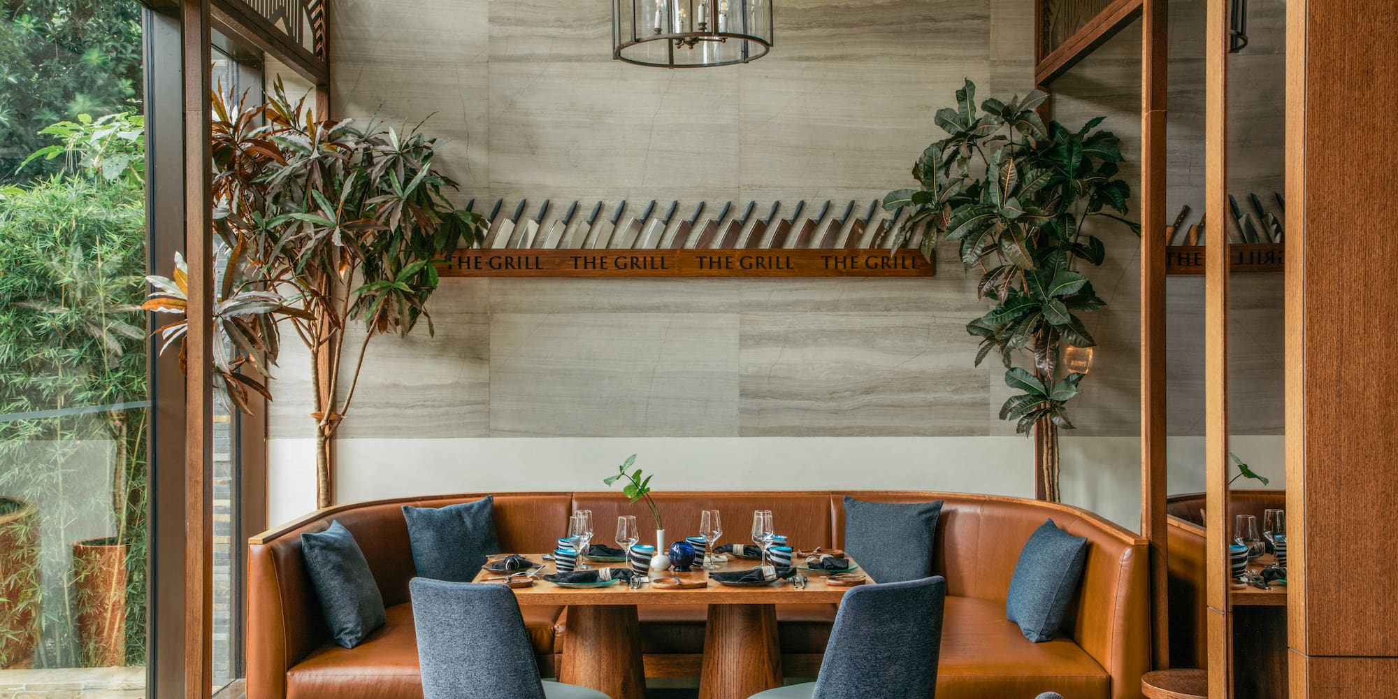 a table with a set of plates and glasses on it