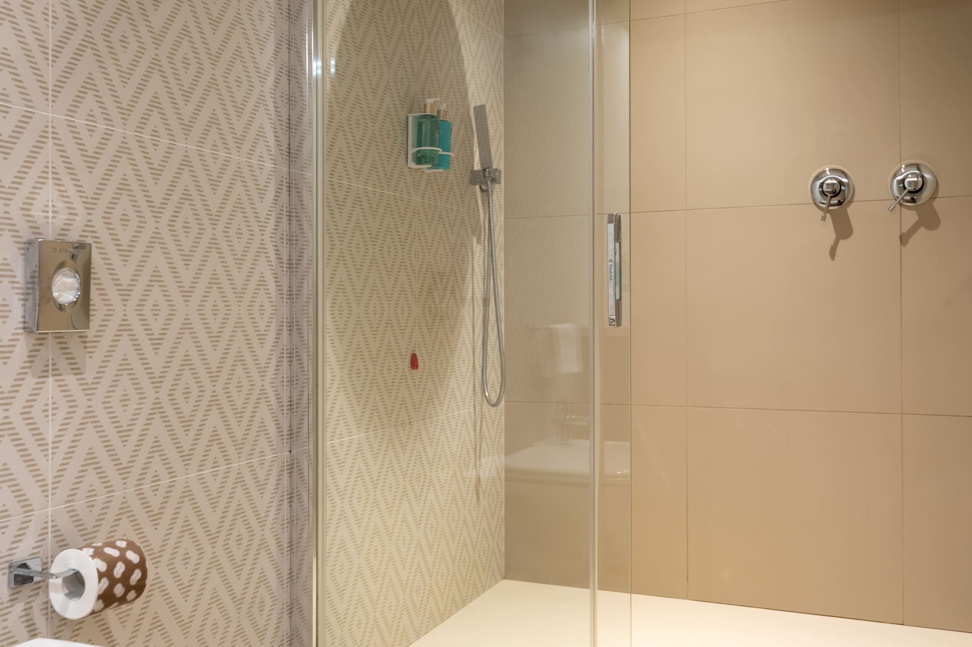 a shower with a toilet and a toilet