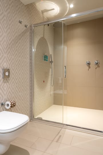 a shower with a toilet and a toilet