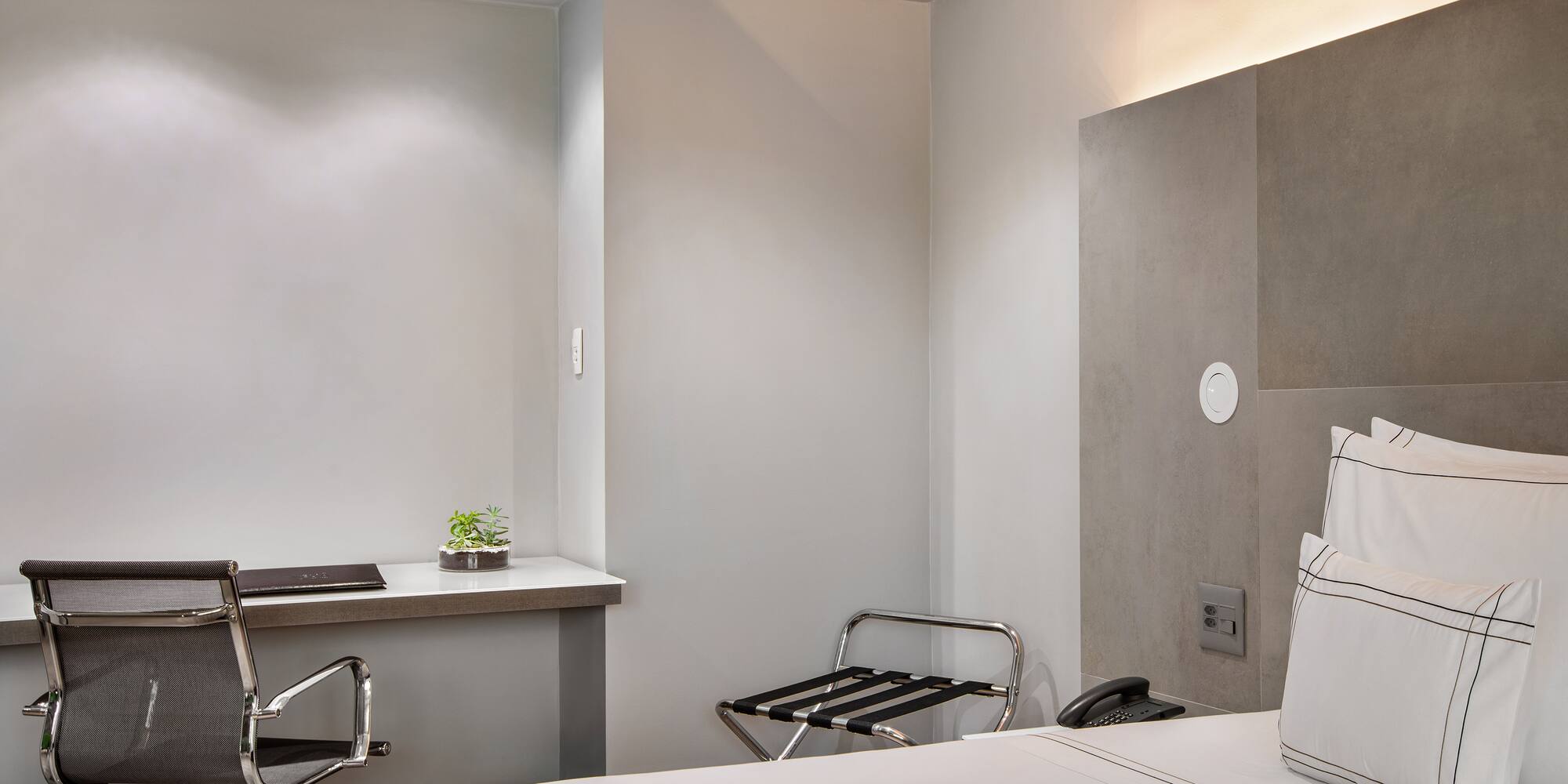 a room with a desk and chair