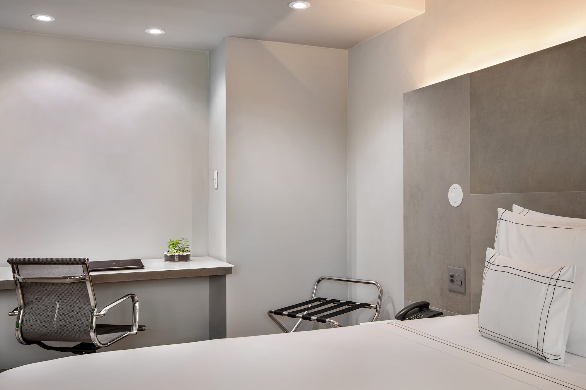 a room with a desk and chair