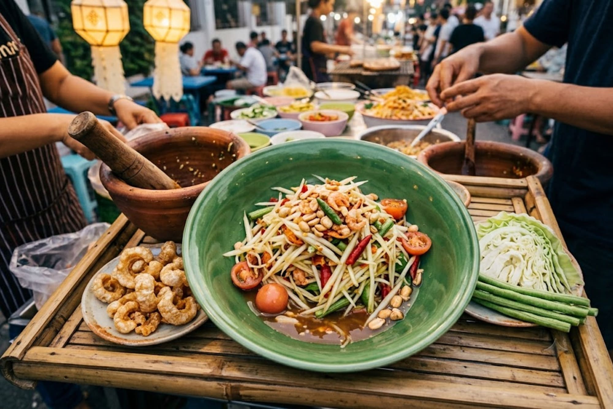Fresh Som Tum (green papaya salad) at a bustling Thai street food market.