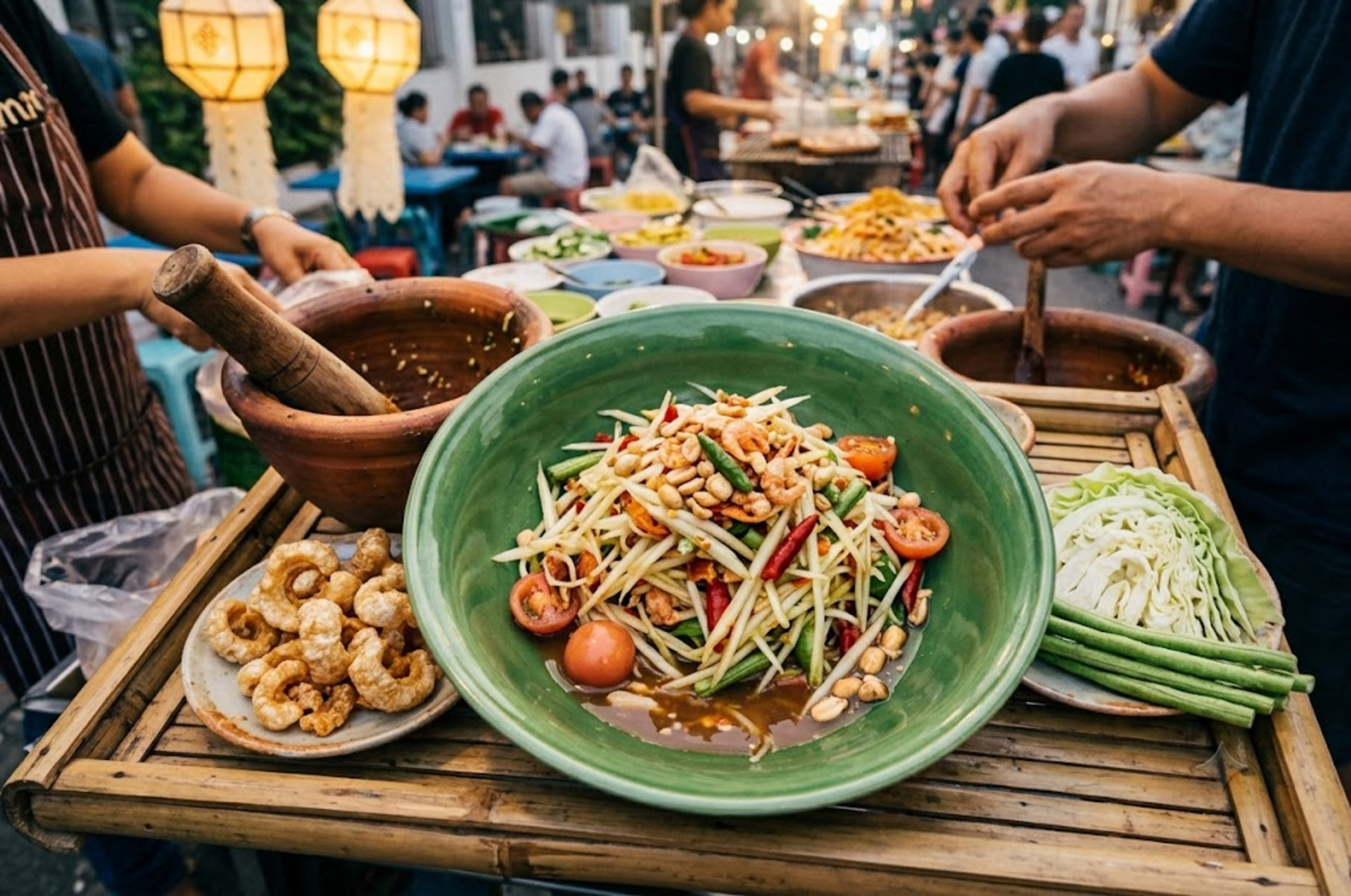 Fresh Som Tum (green papaya salad) at a bustling Thai street food market.