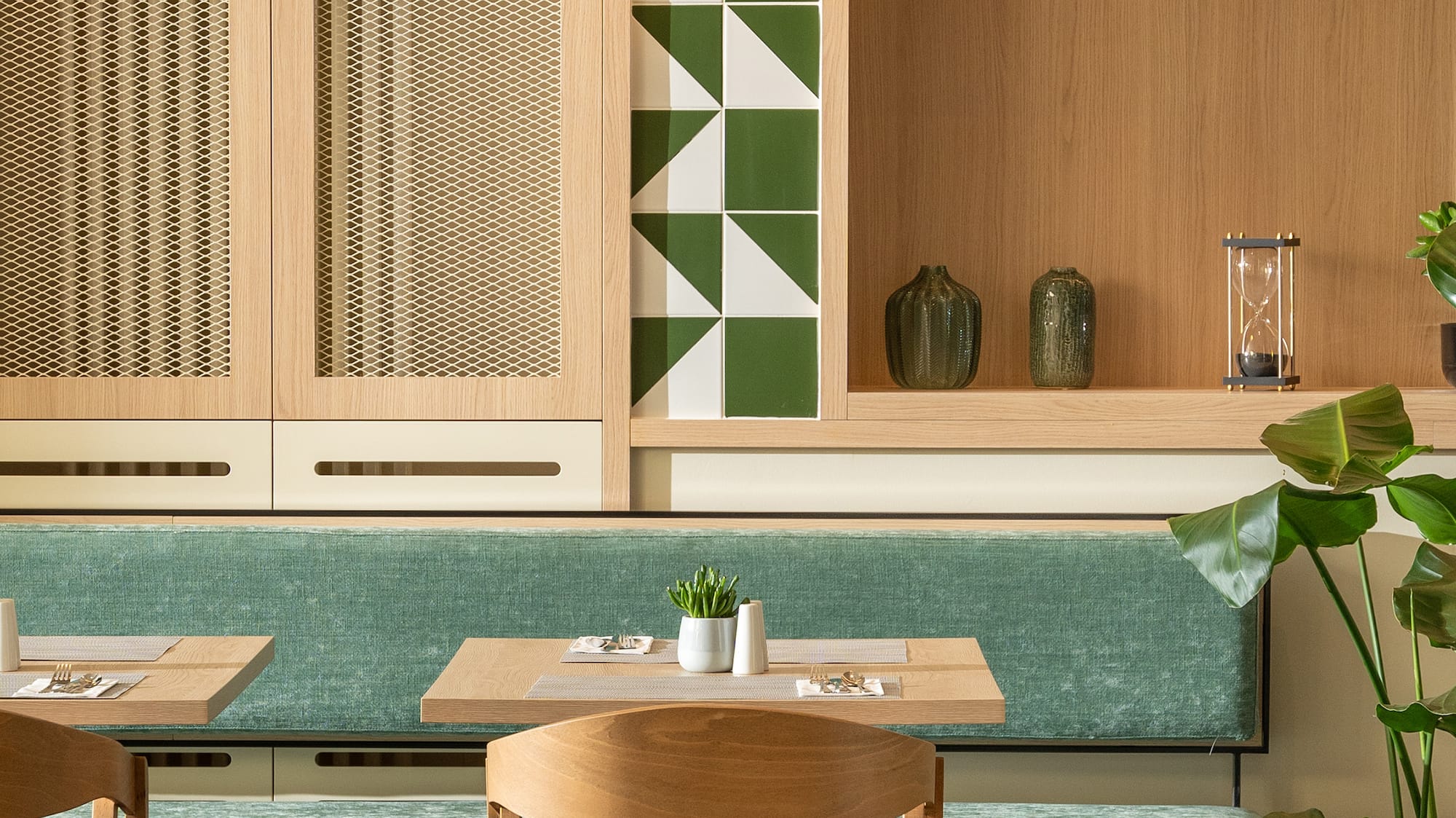 a table and chairs in a restaurant