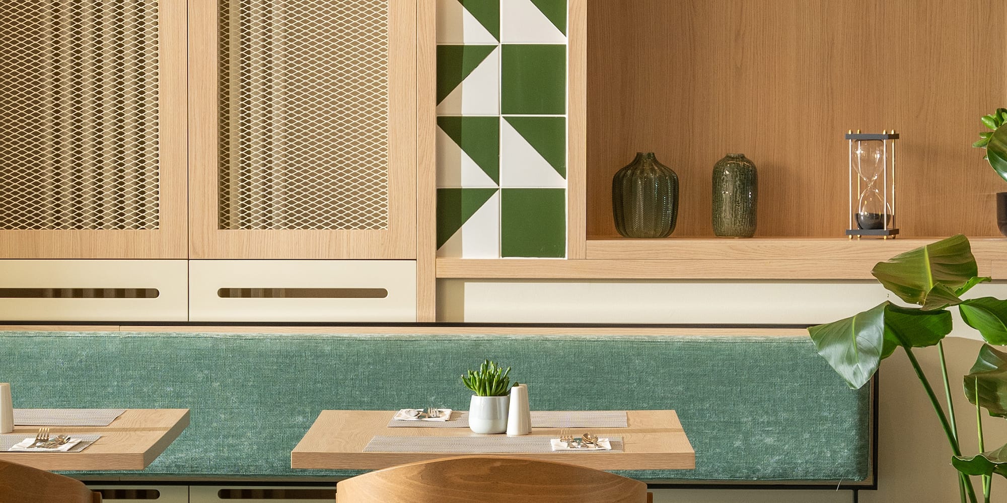 a table and chairs in a restaurant