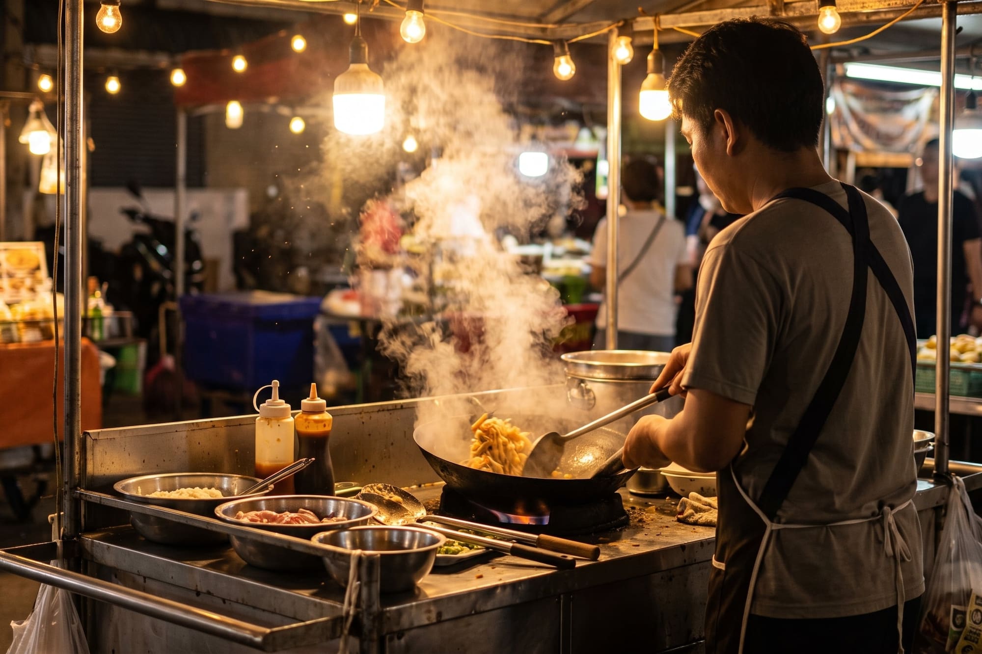 Street food vendor cooking stir-fry in a wok at a busy night market.