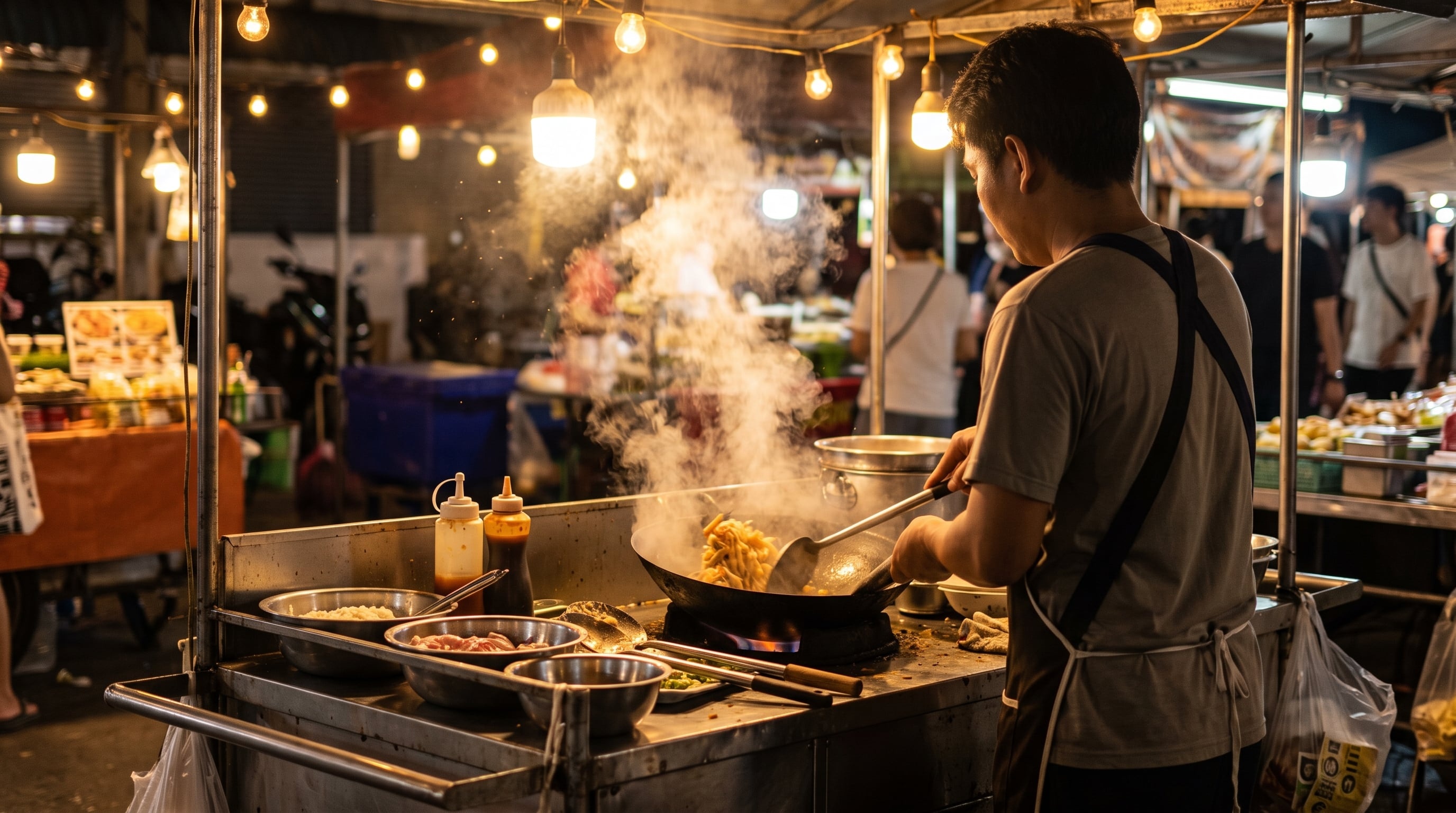 Street food vendor cooking stir-fry in a wok at a busy night market.