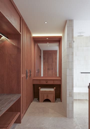a bathroom with a mirror and a stool