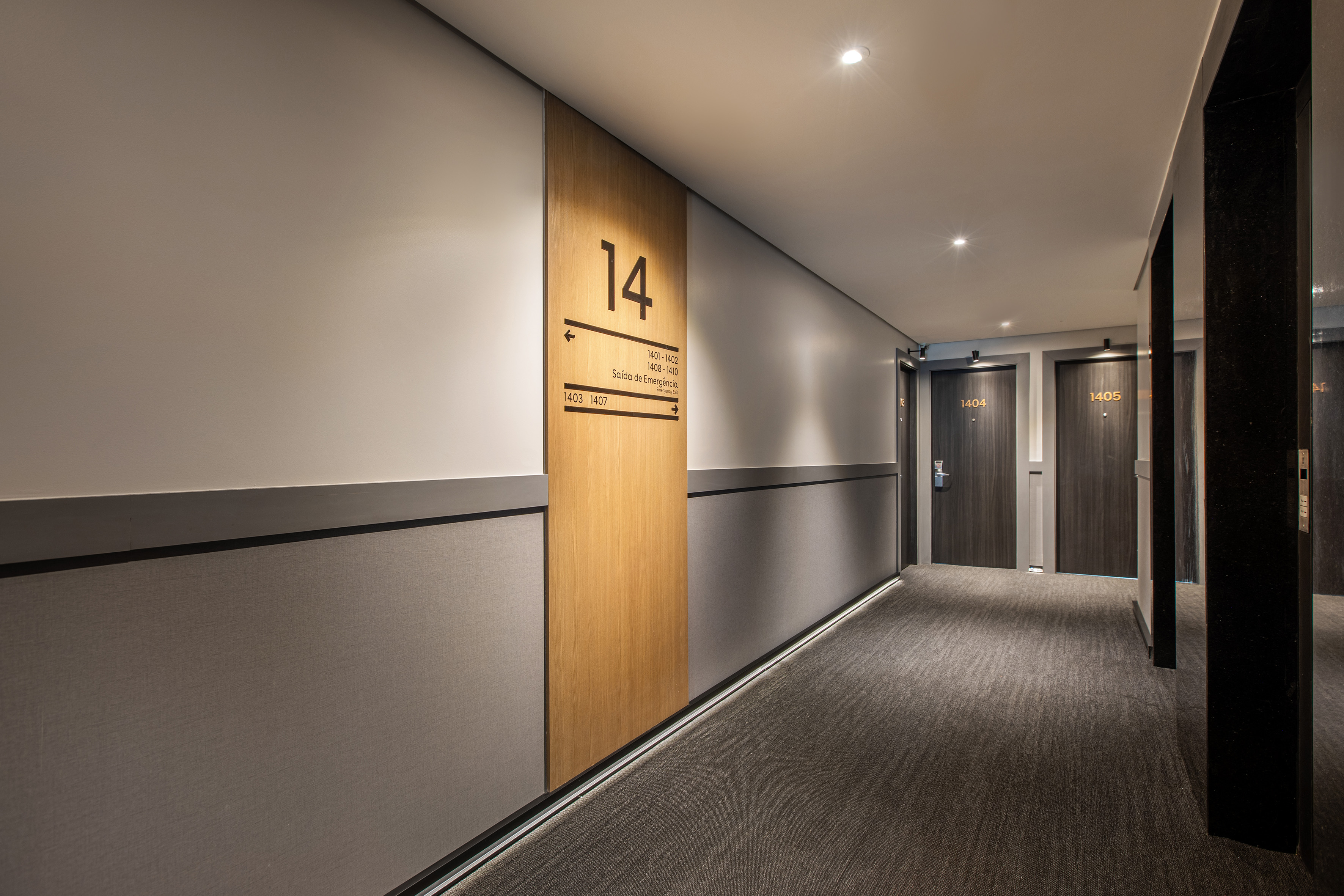 Hotel hallway, modern design, floor 14 sign, room numbers 1404, 1405.
