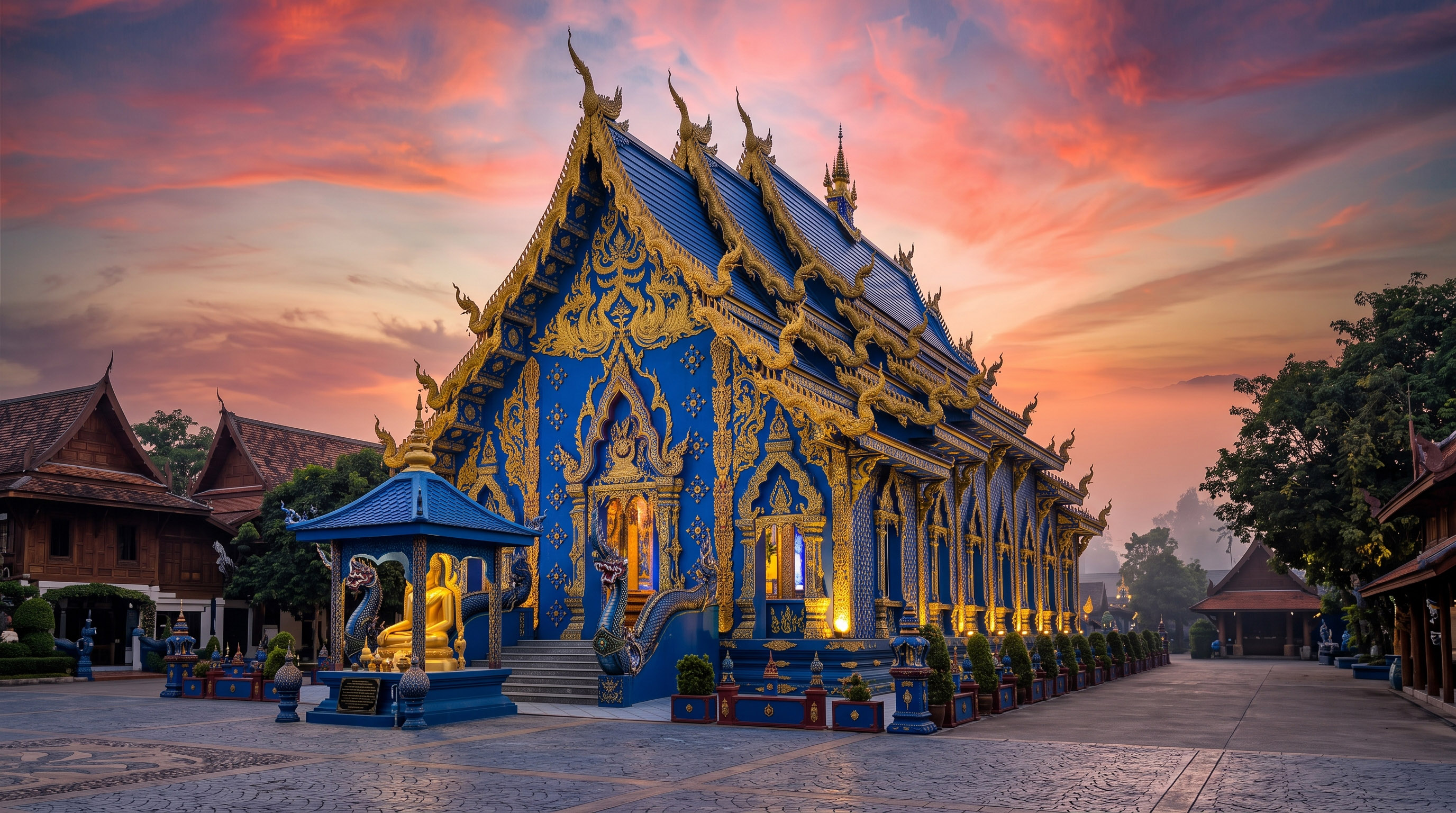 Ornate blue and gold Thai temple (Wat Rong Suea Ten) against a sunset sky.