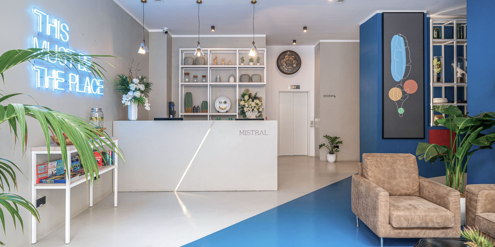 a reception desk in a hotel