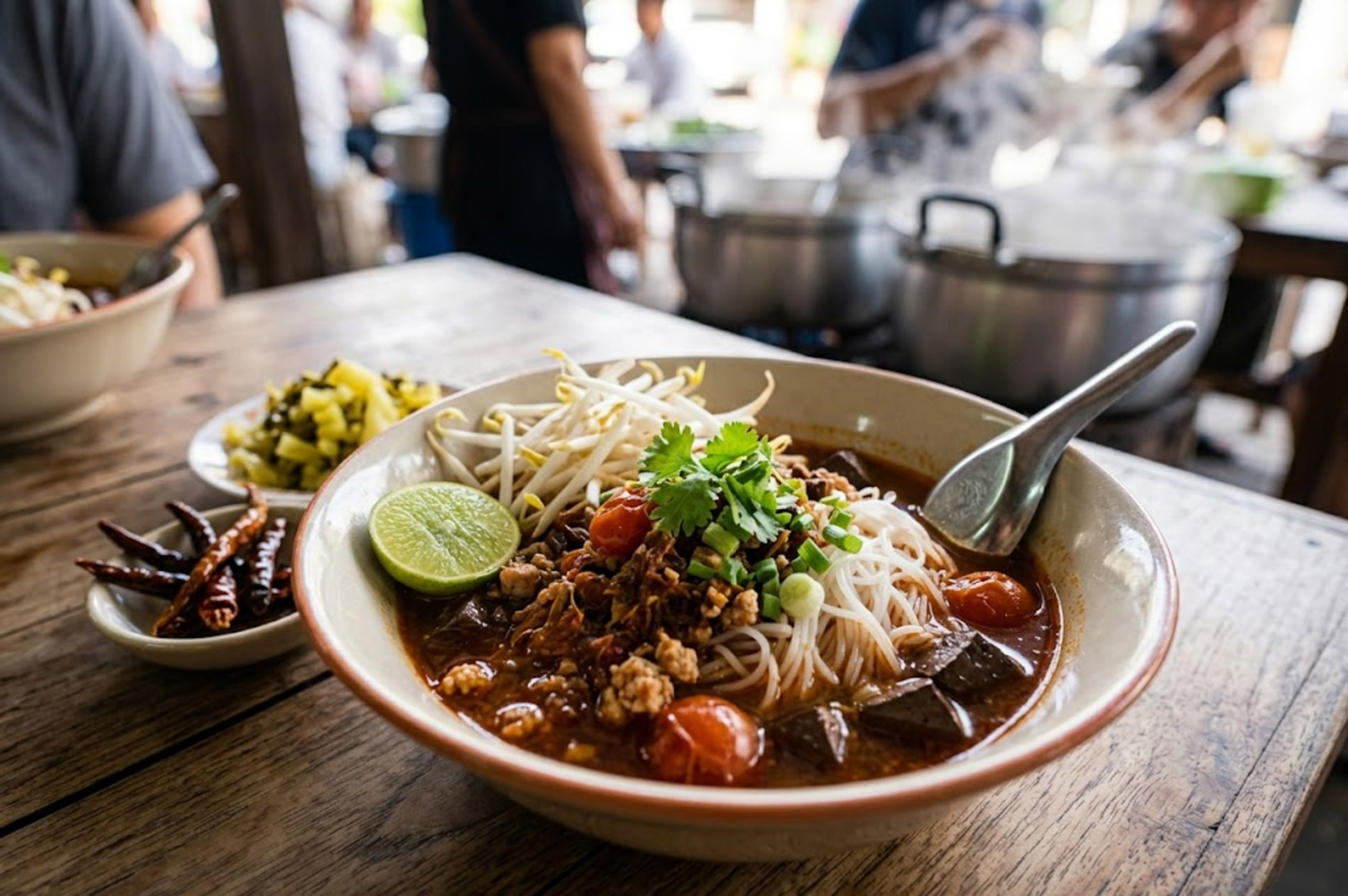 Authentic Thai Nam Ngiao noodle soup with pork, lime, and bean sprouts.