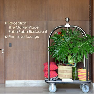 a cart with a plant and pillows in front of a door