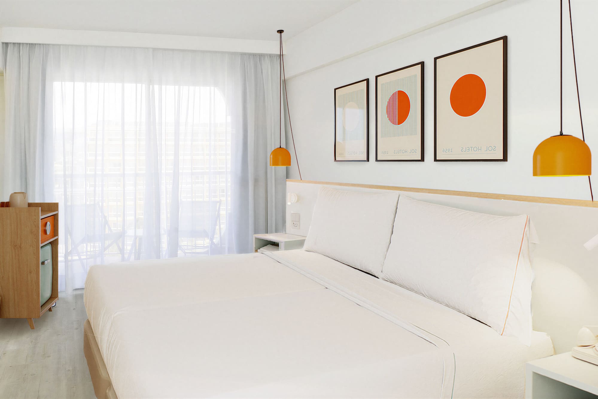 a bed with white sheets and orange art on the wall