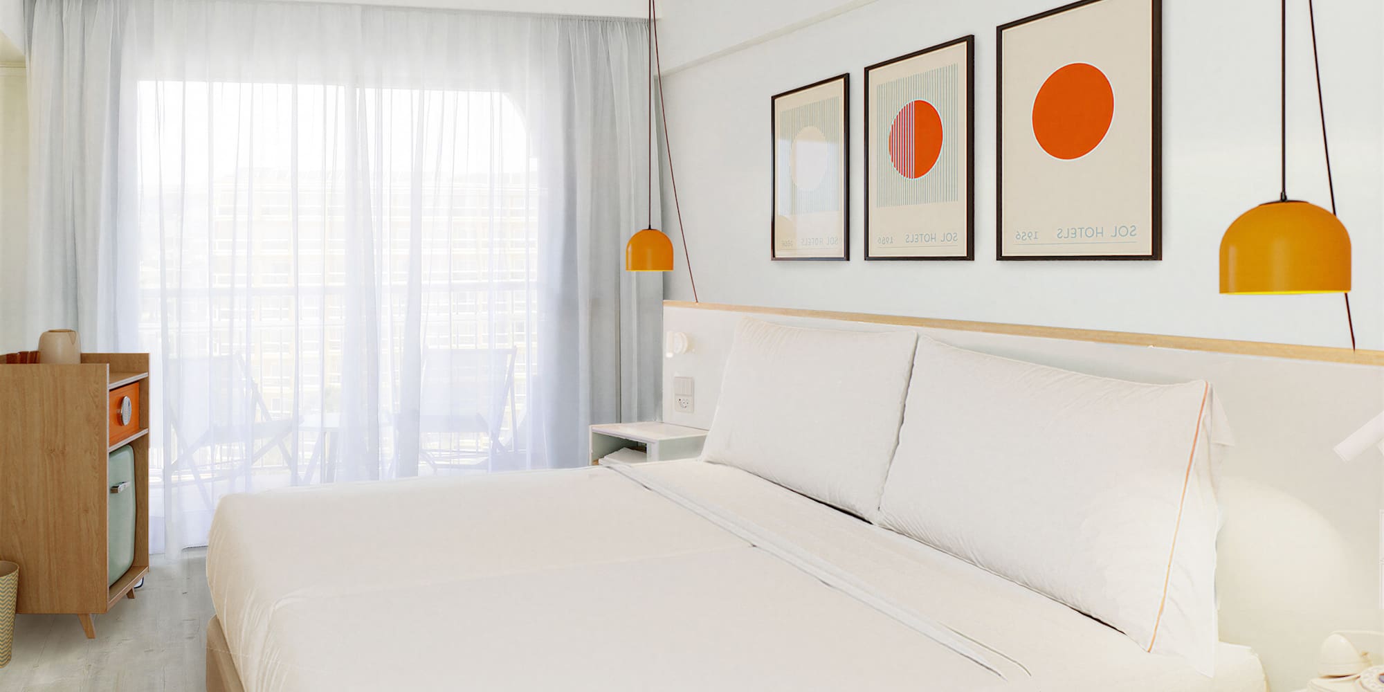 a bed with white sheets and orange art on the wall