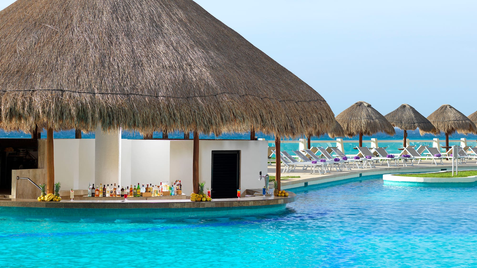 a pool with a thatched roof and a bar