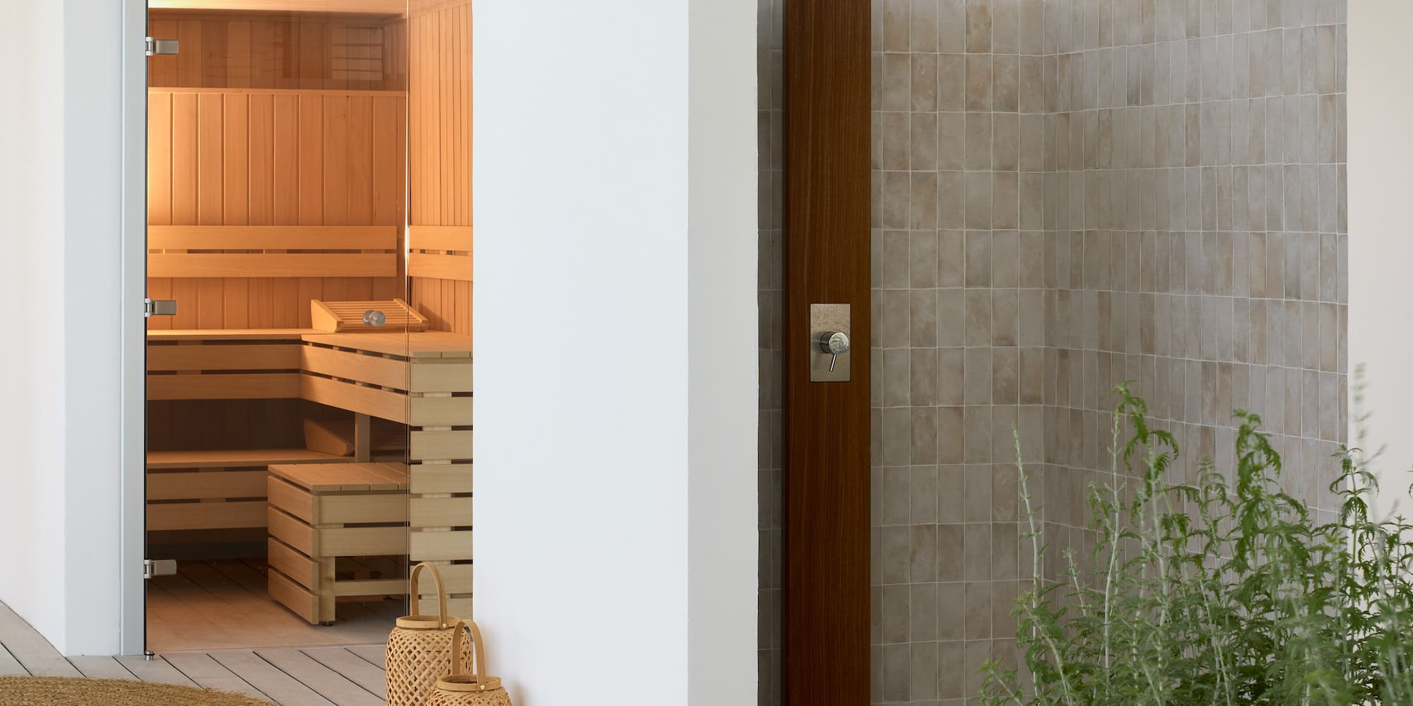 a room with a sauna and a planter