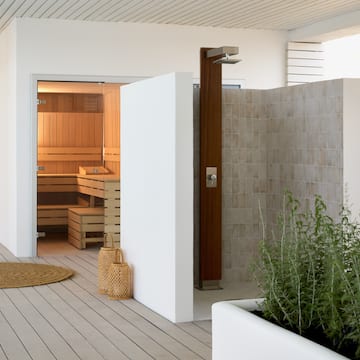 a room with a sauna and a planter