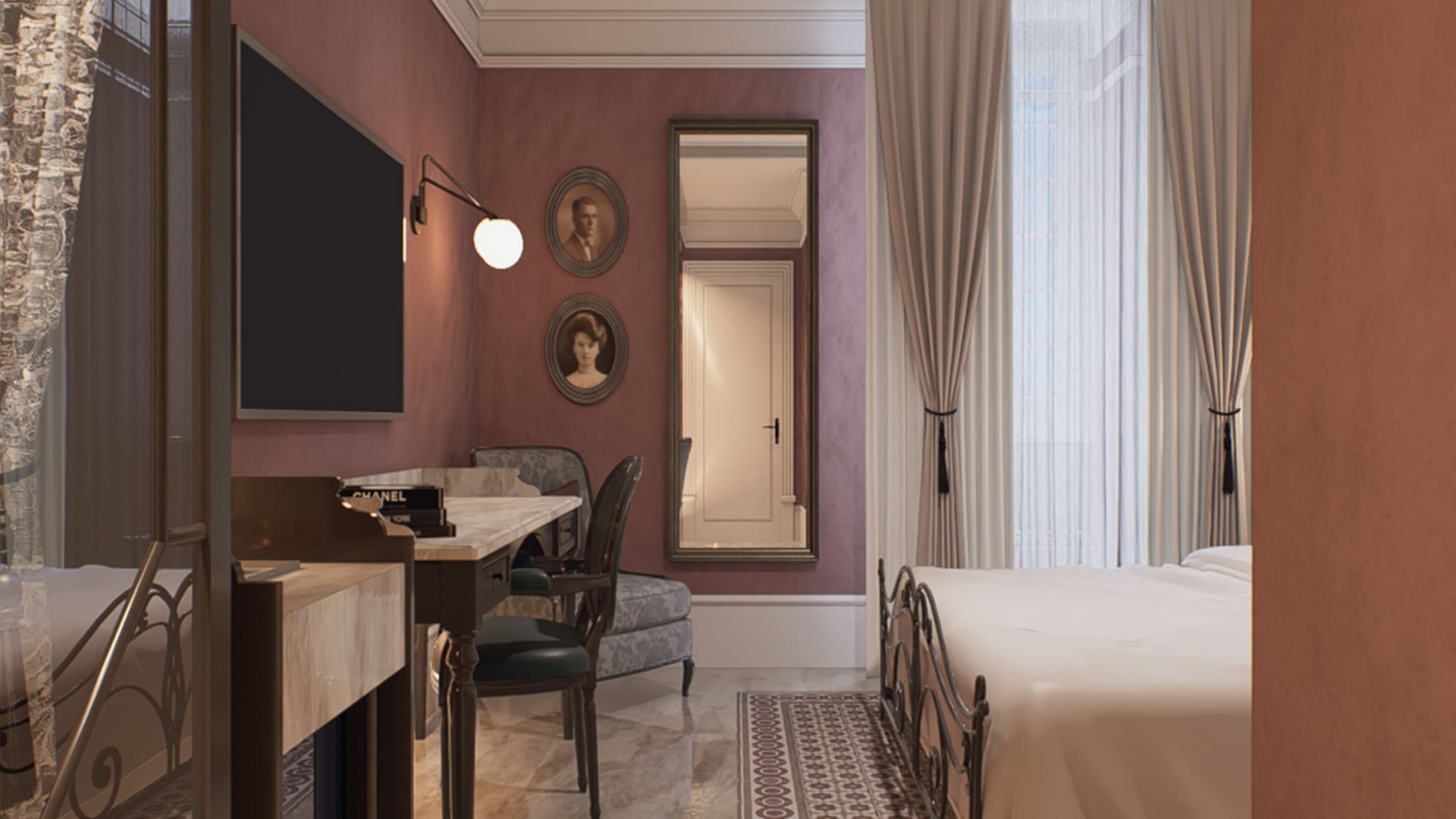 Boutique hotel room with desk, TV, ornate bed, and vintage decor.