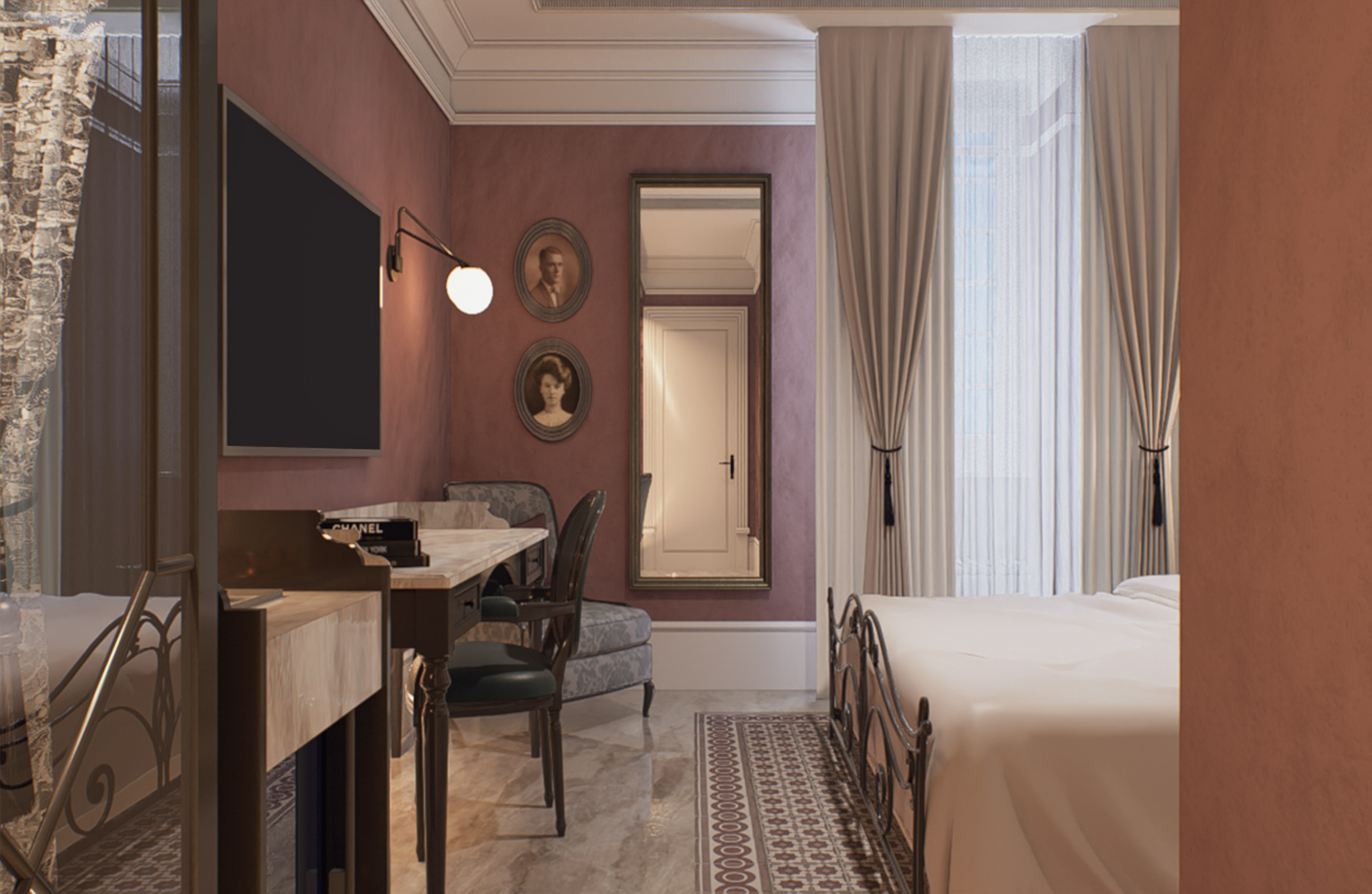 Boutique hotel room with desk, TV, ornate bed, and vintage decor.