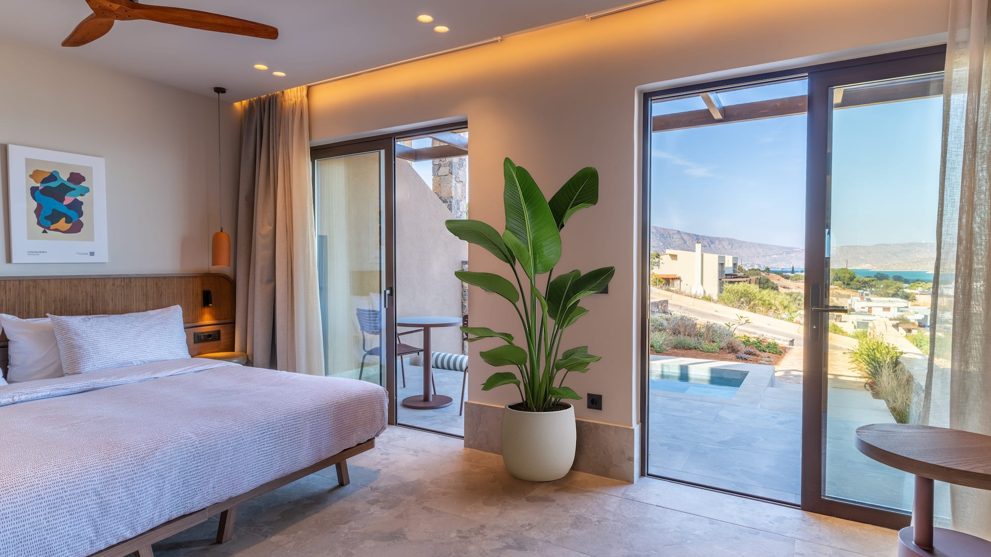a bedroom with a large plant and glass doors
